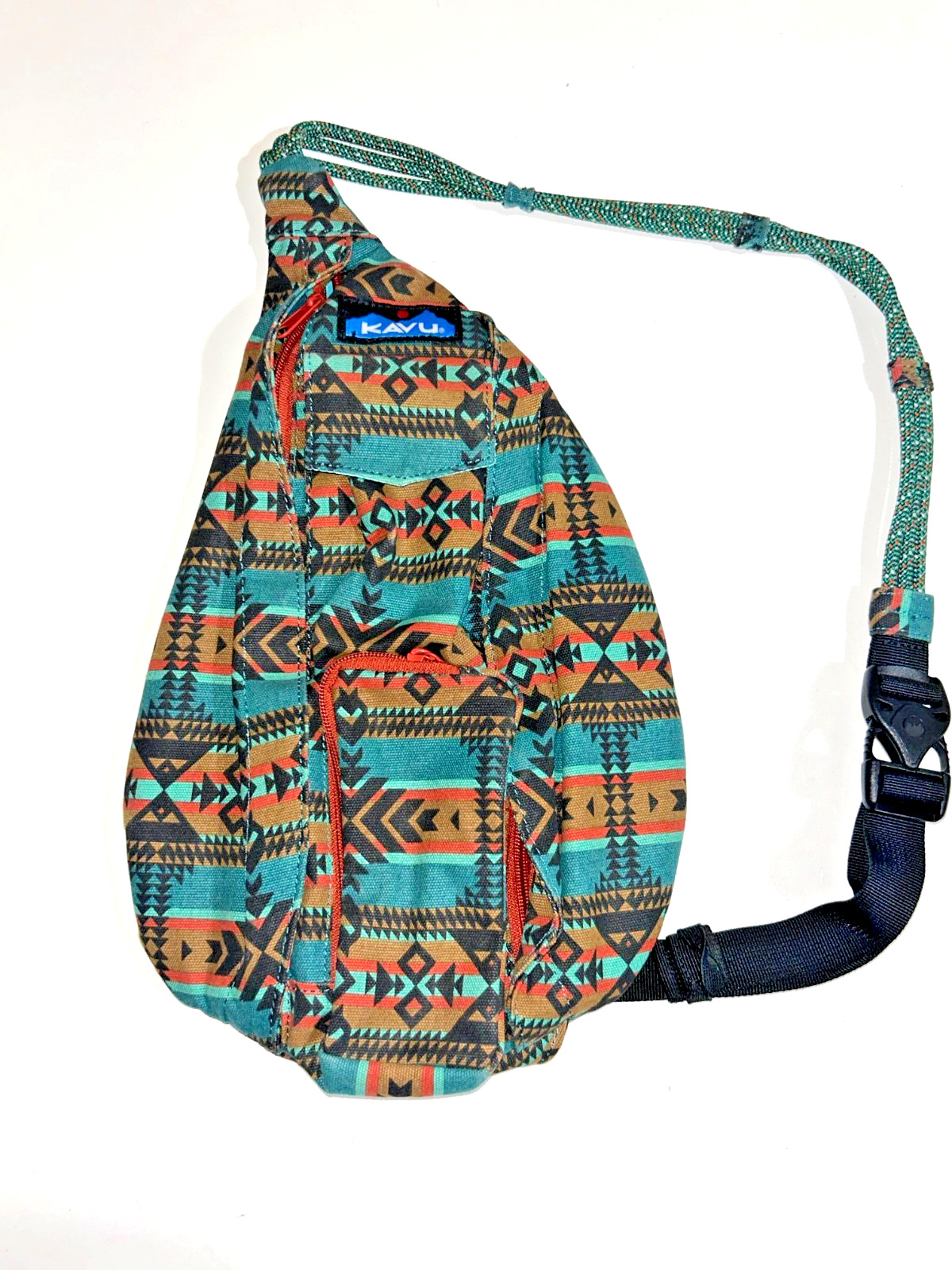 KAVU Geometric Tribal Crossbody Sling Bag Blue Brown Adjustable Strap Men
