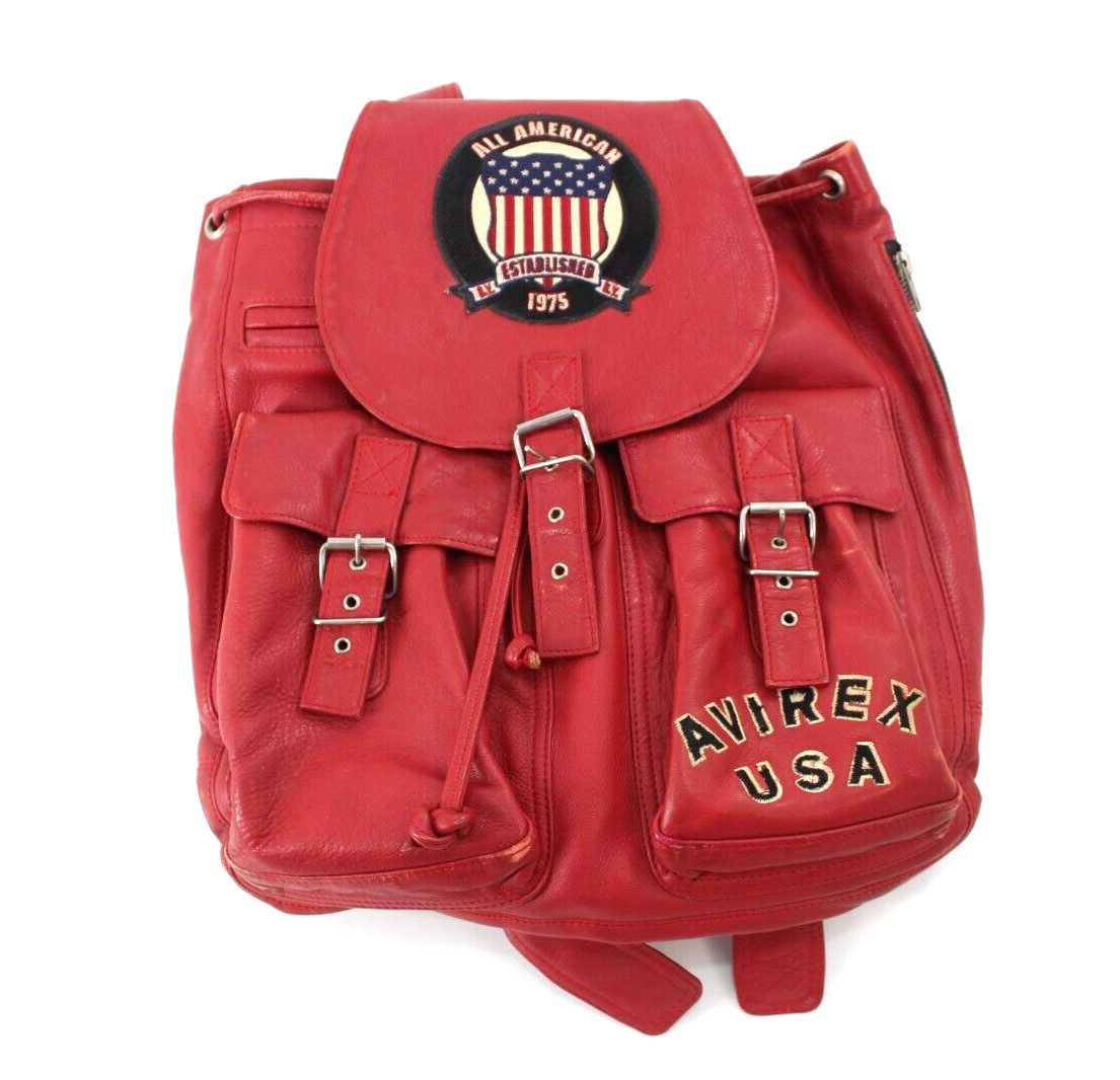 RARE! 90s Avirex Leather ICON VTG USA Style Backpack Rucksack Red Varsity 90s