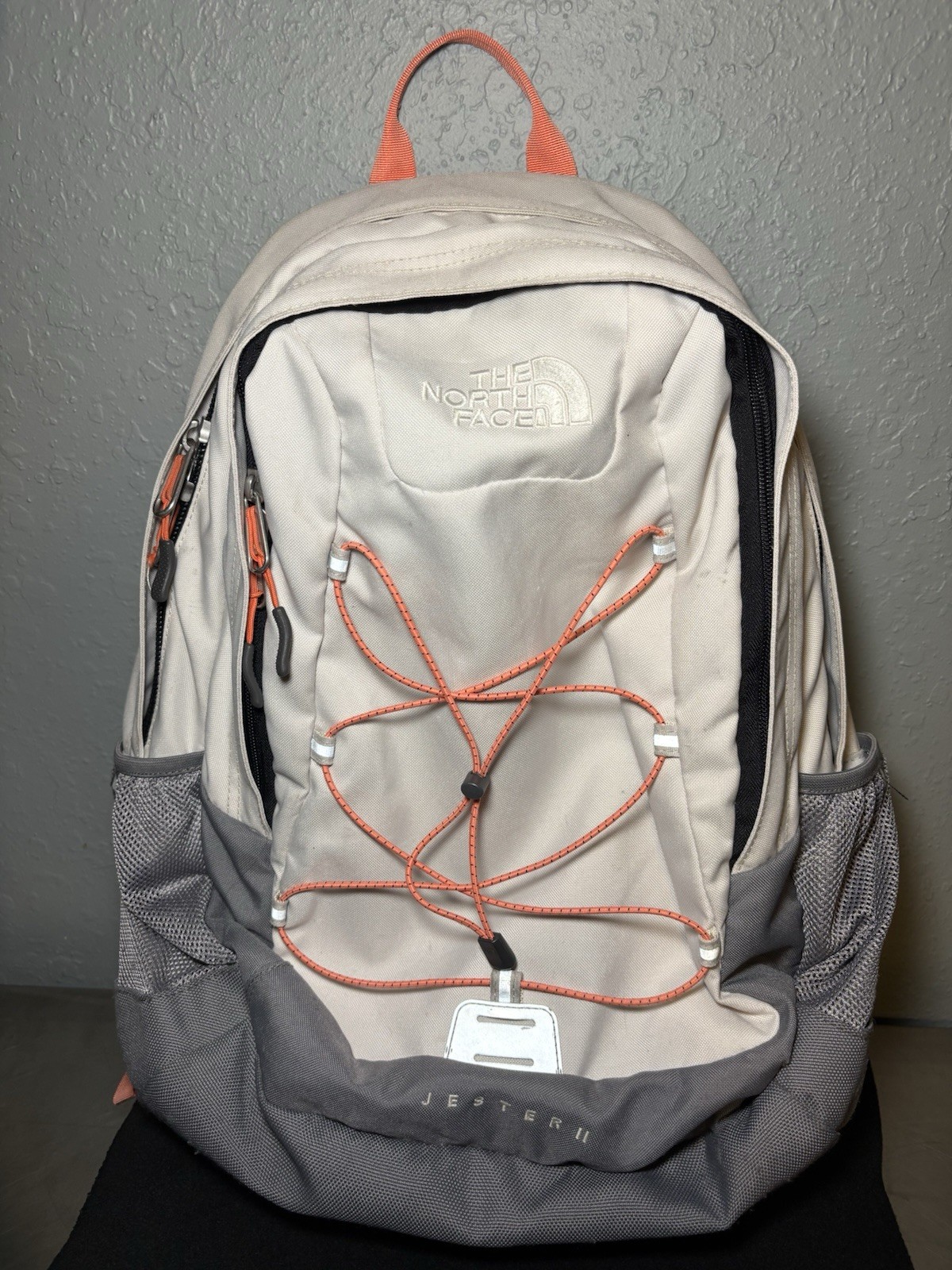 The North Face Jester II backpack Off White & Gray With Pink Trim colorway