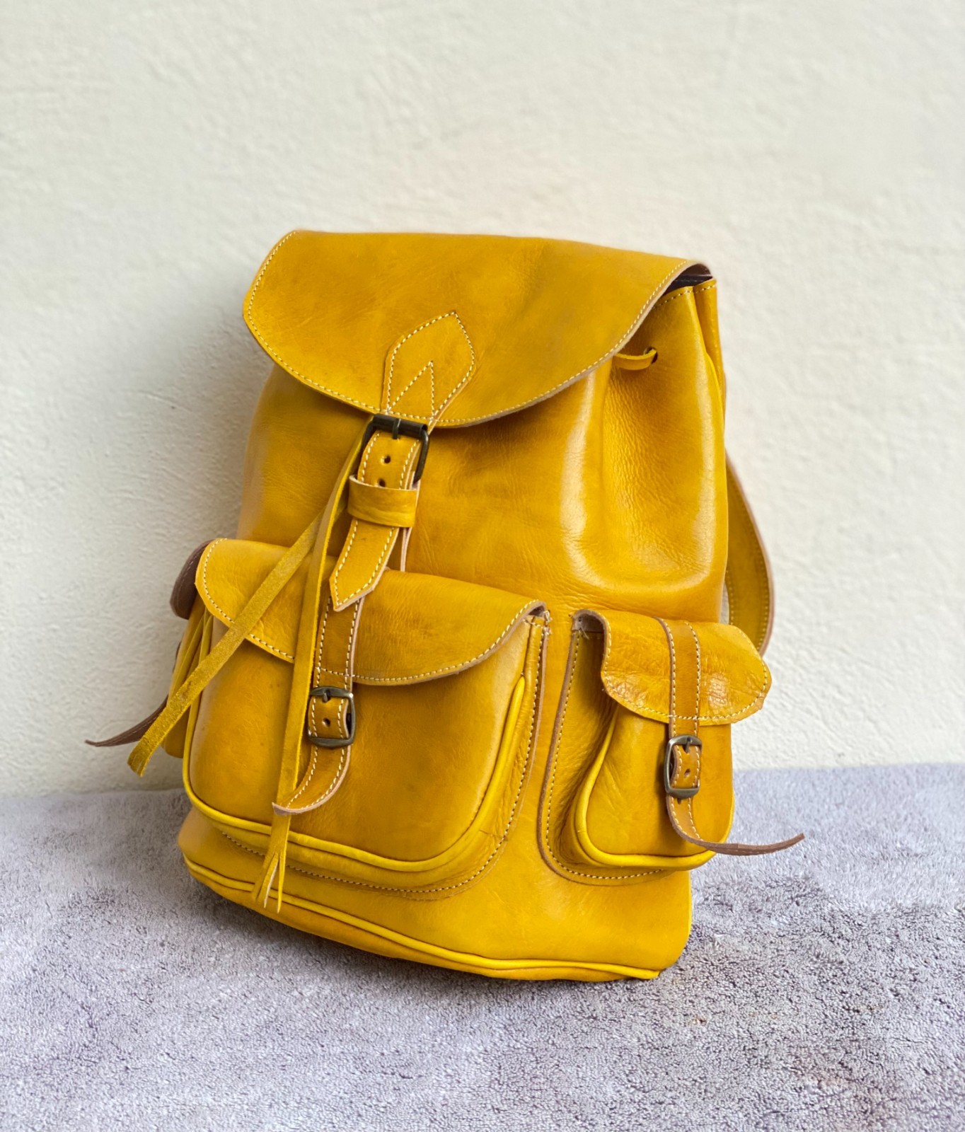 Yellow Leather Backpack Handmade Morocco Belt Buckle Front Back Pocket