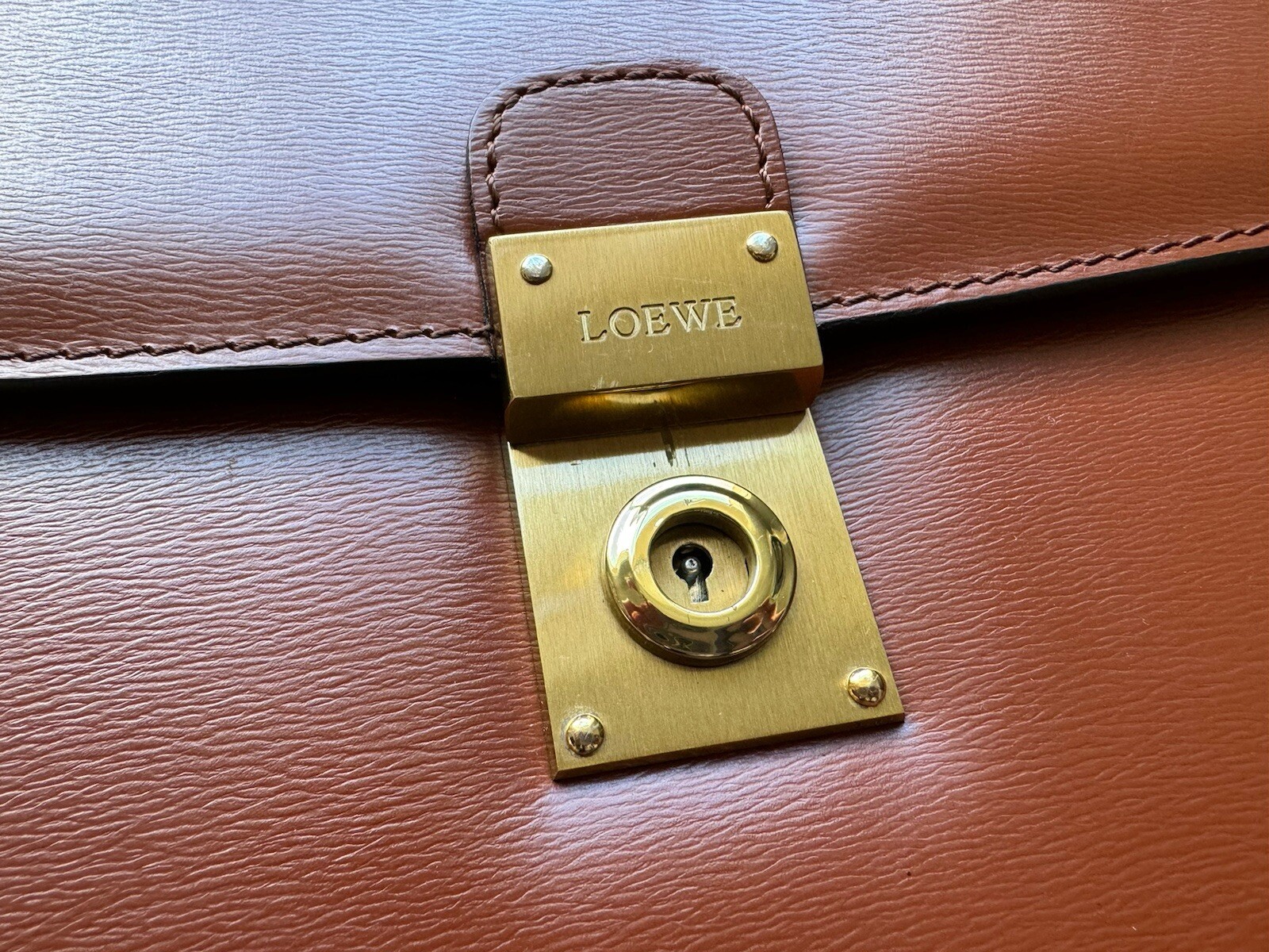 LOEWE Brown Leather Briefcase Document Laptop Bag with Lock & Key Spain
