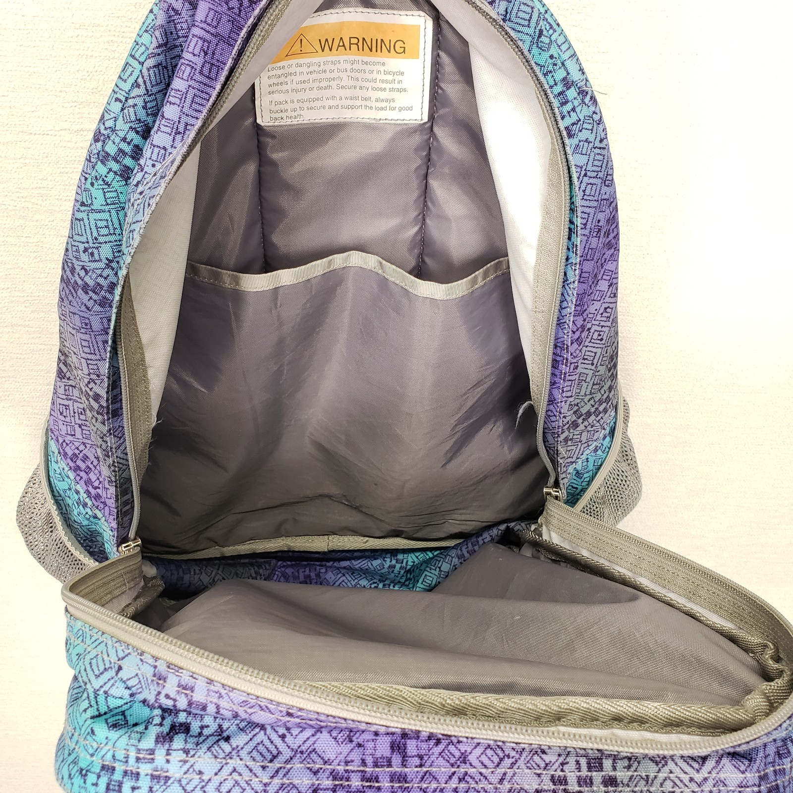 LL Bean Deluxe Book Pack Backpack Purple Blue Geometric Tribal Print School Bag