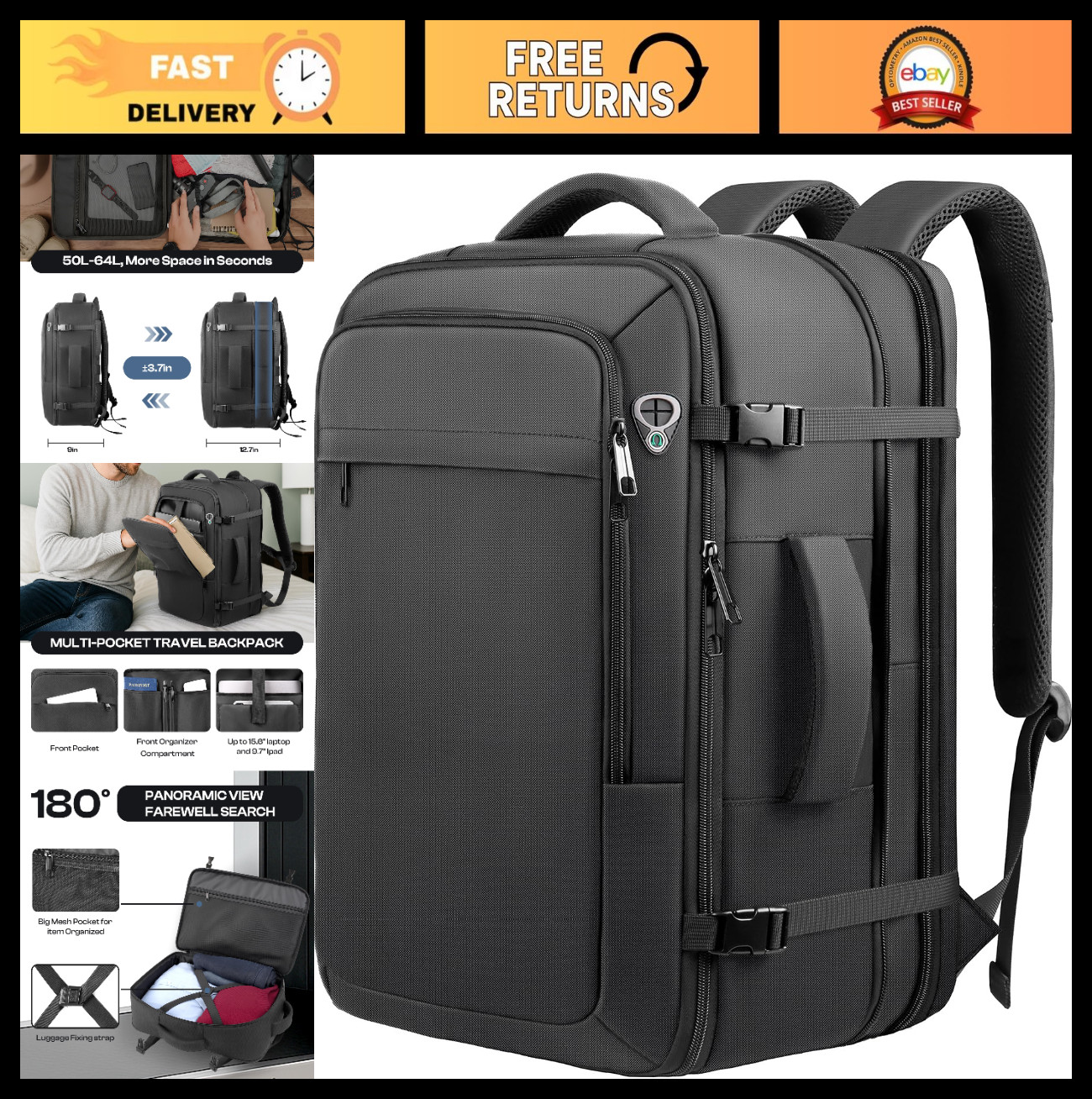 Extra Large 55L Travel Backpack, TSA Approved, Expandable, Water Resistant, Fits