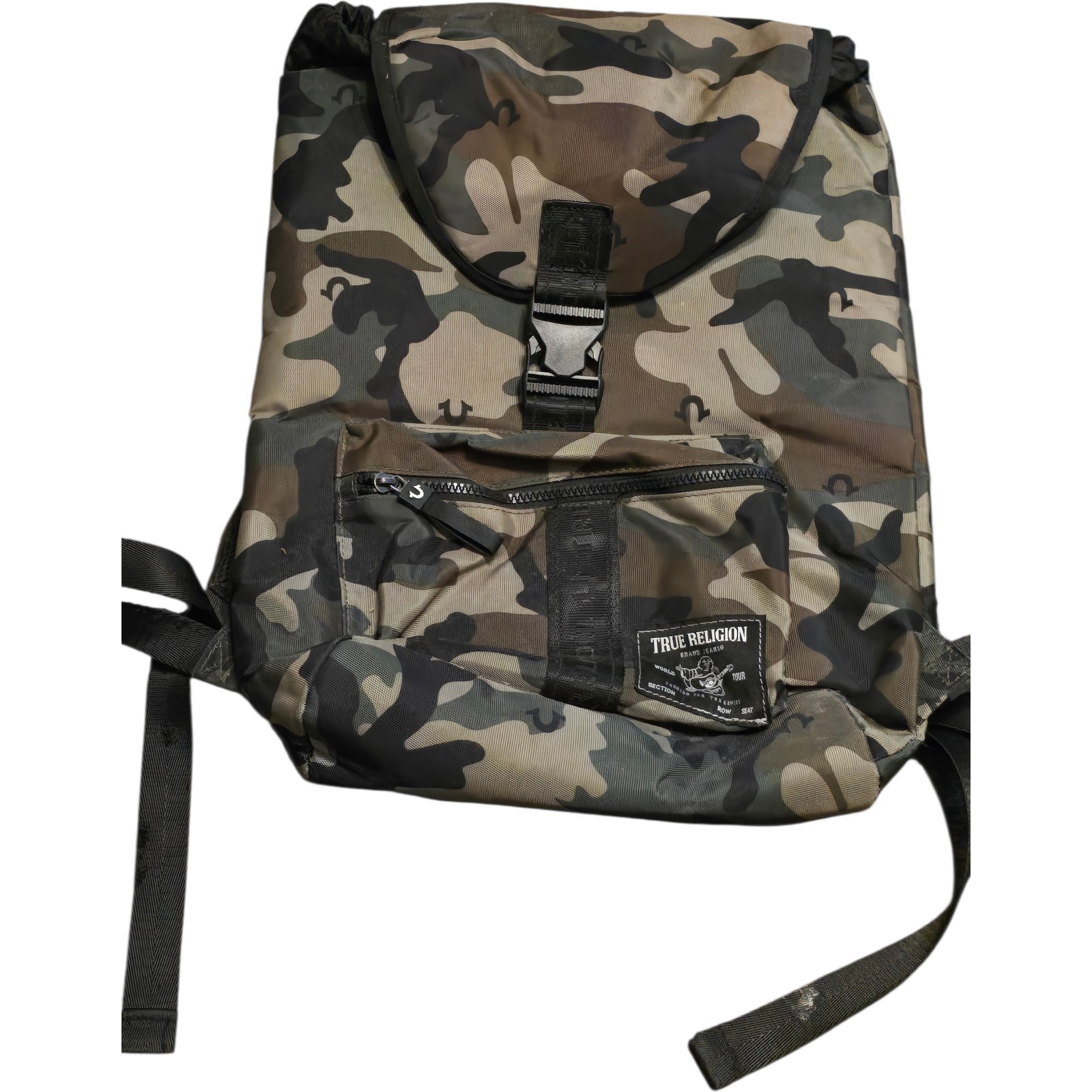 True Religion World Tour Camo Backpack Y2K Buddha Drawstring Padded Bag