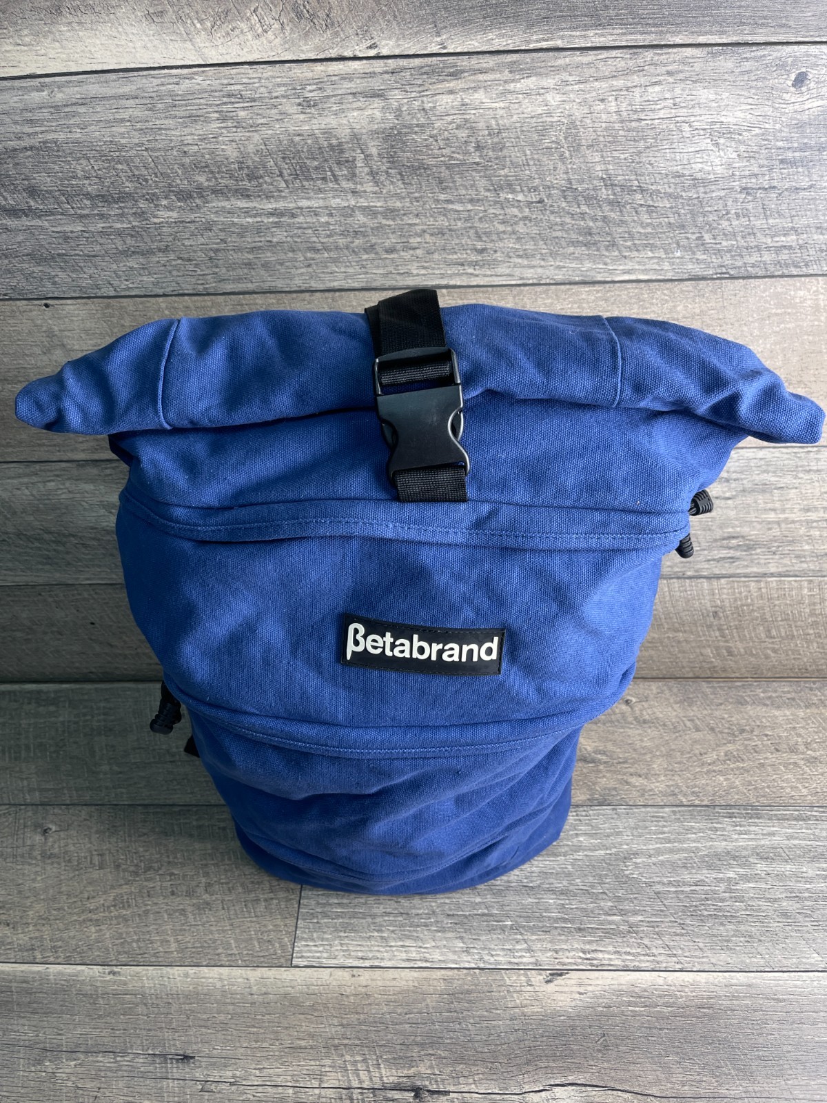 Betabrand Cornucopia Backpack Roll Top Blue Canvas Inner Pockets Sleeve Shoulder