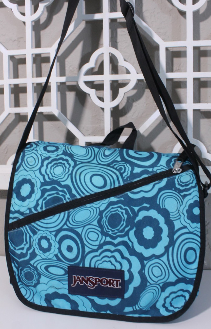 Jansport Crossbody Messenger Laptop School Book Bag Blue Floral Pockets 13x11x5