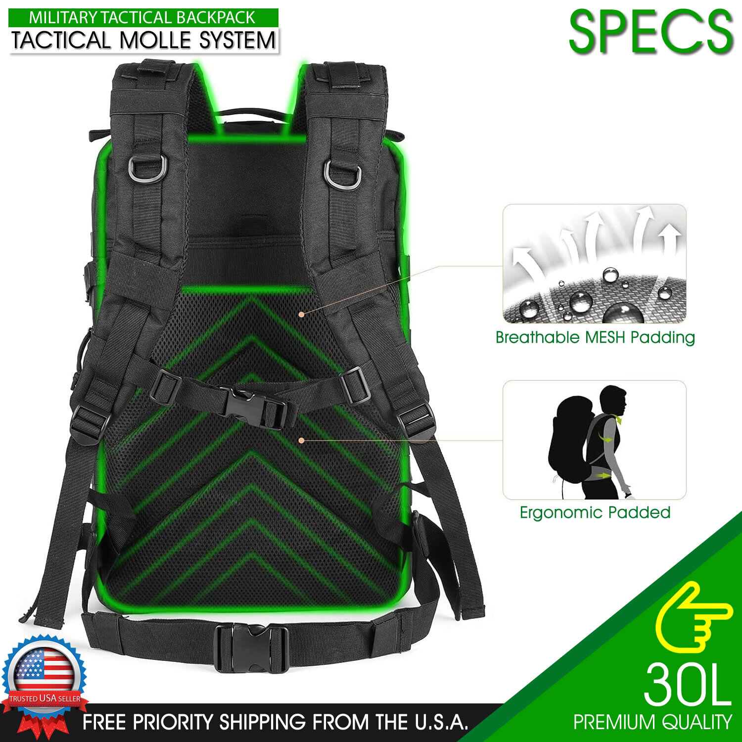 Tactical Backpack 30L Rucksack Black Military Molle Outdoor Large Bag Day Pack