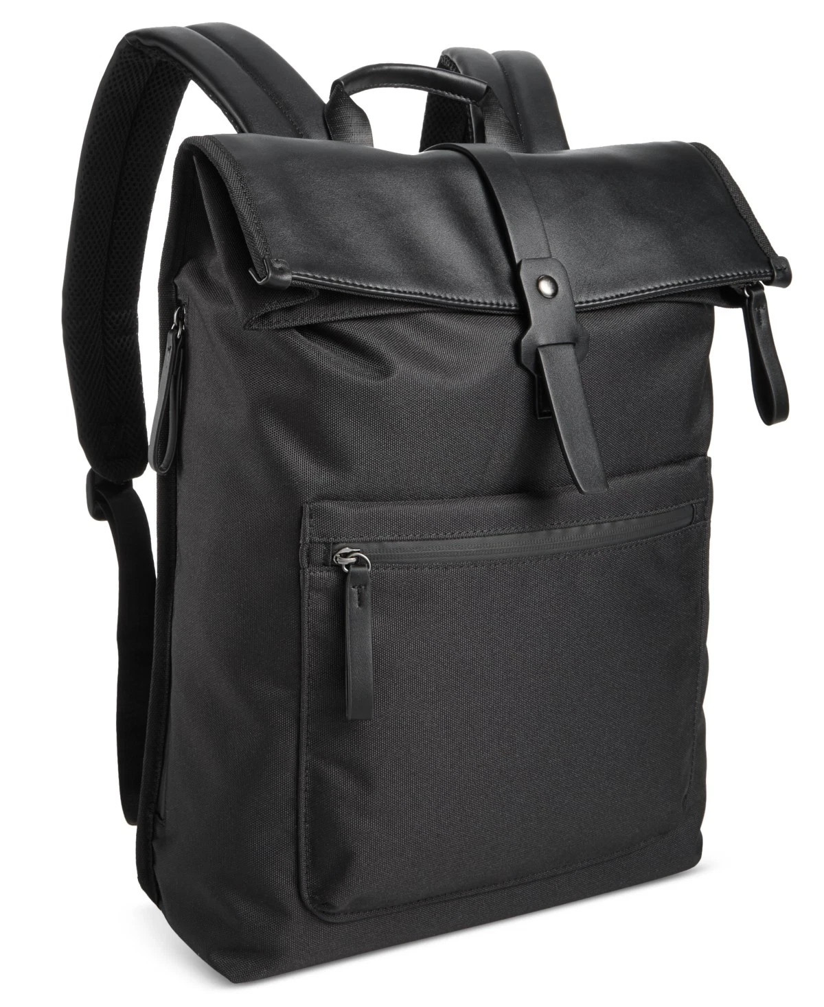 ALFANI Backpack Black Canvas Roll Top Backpack Faux Leather Trim Laptop Sleeve