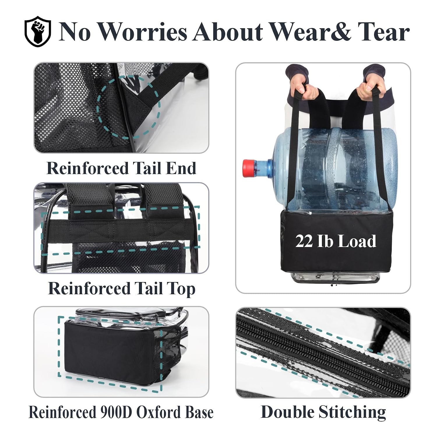 Heavy Duty Clear Backpack for School 17 inch Active Black Bookbag with 2 Front