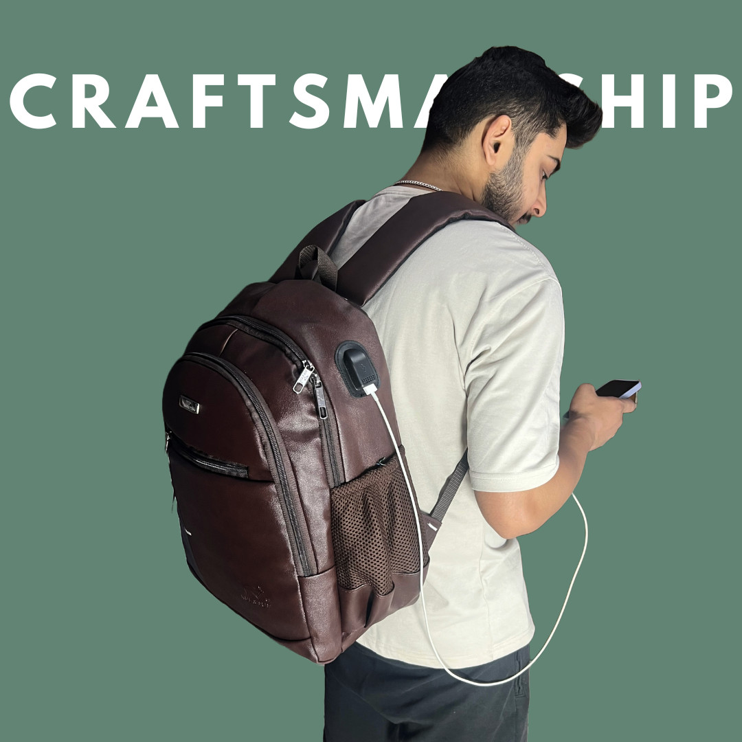 Brown Buffalo`Leather Backpack For Men with USB Port Charging 25 L Tech Backpack