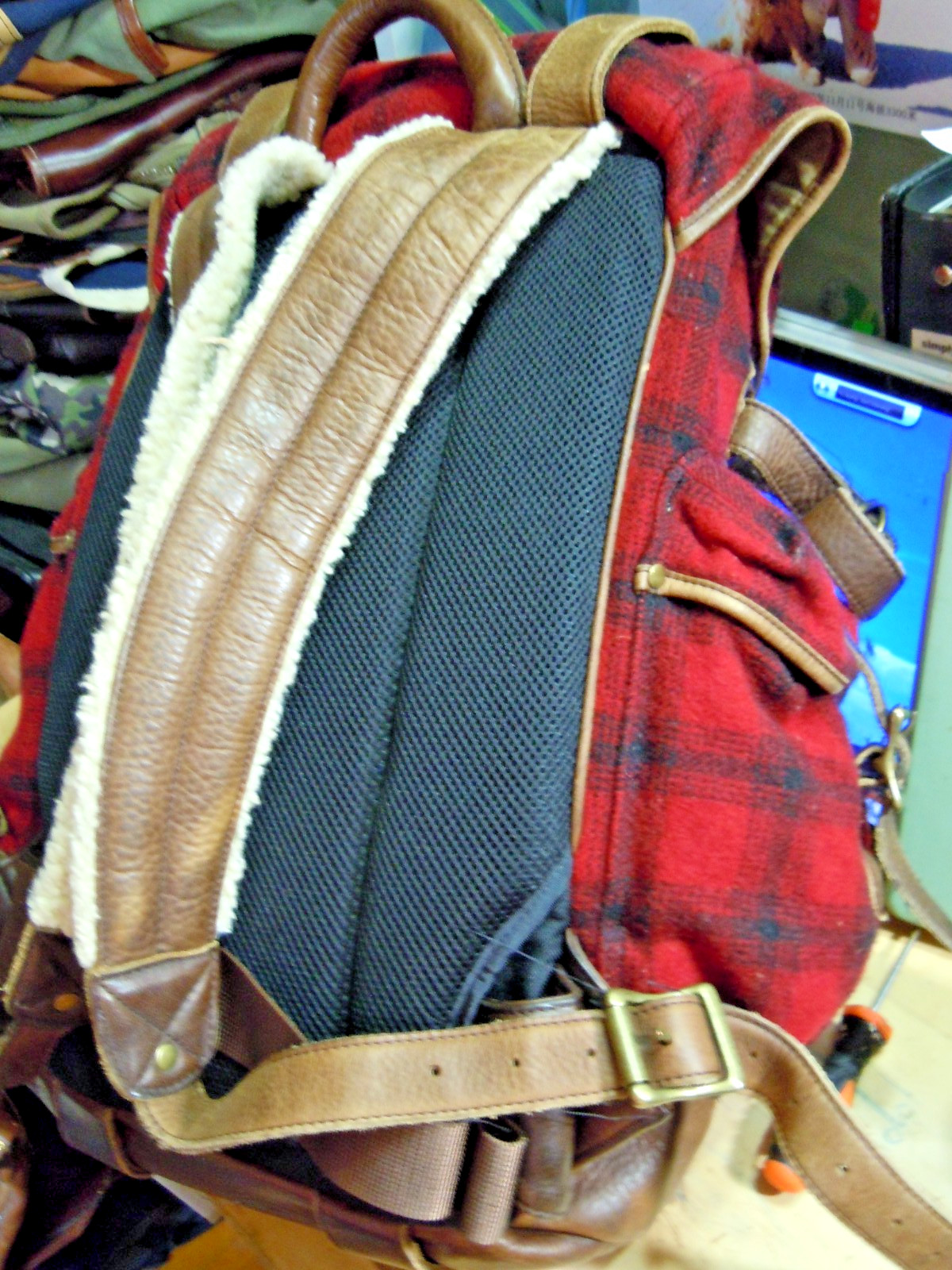 VTG LL Bean BACKPACK RUCKSACK wood Plaid Brown LEATHER Large “. #9