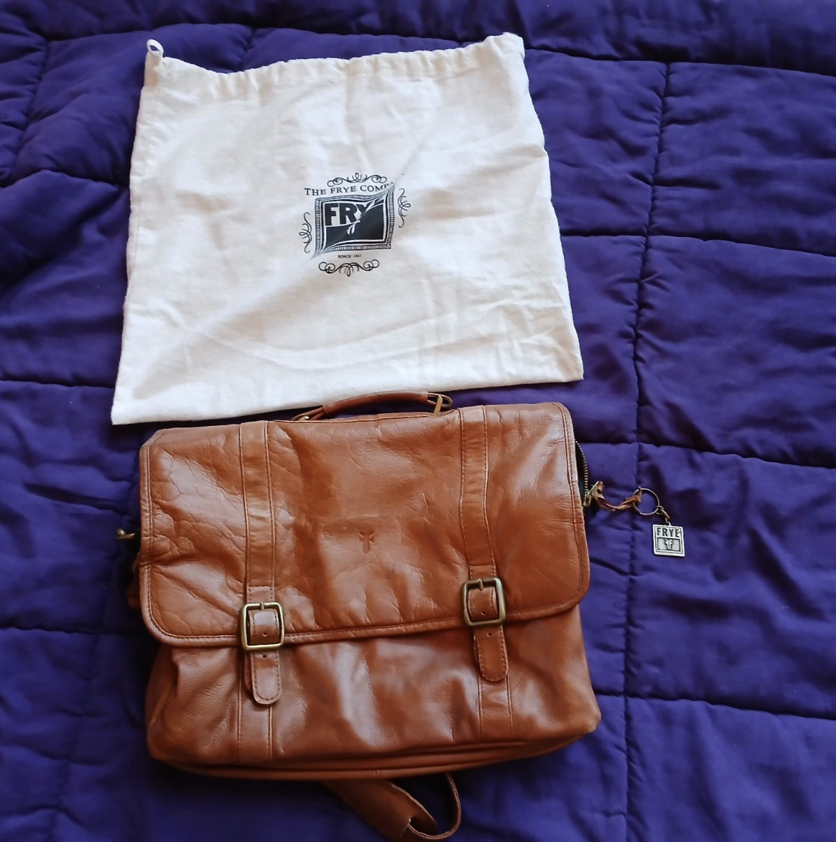 Frye Top Handle Brown Leather Bag Messenger Briefcase Cognac W/ Dust Bag