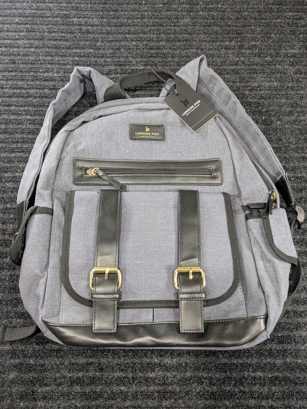London Fog Canvas Backpack Mens Denim Blue Faux Leather Trim Laptop Pocket New