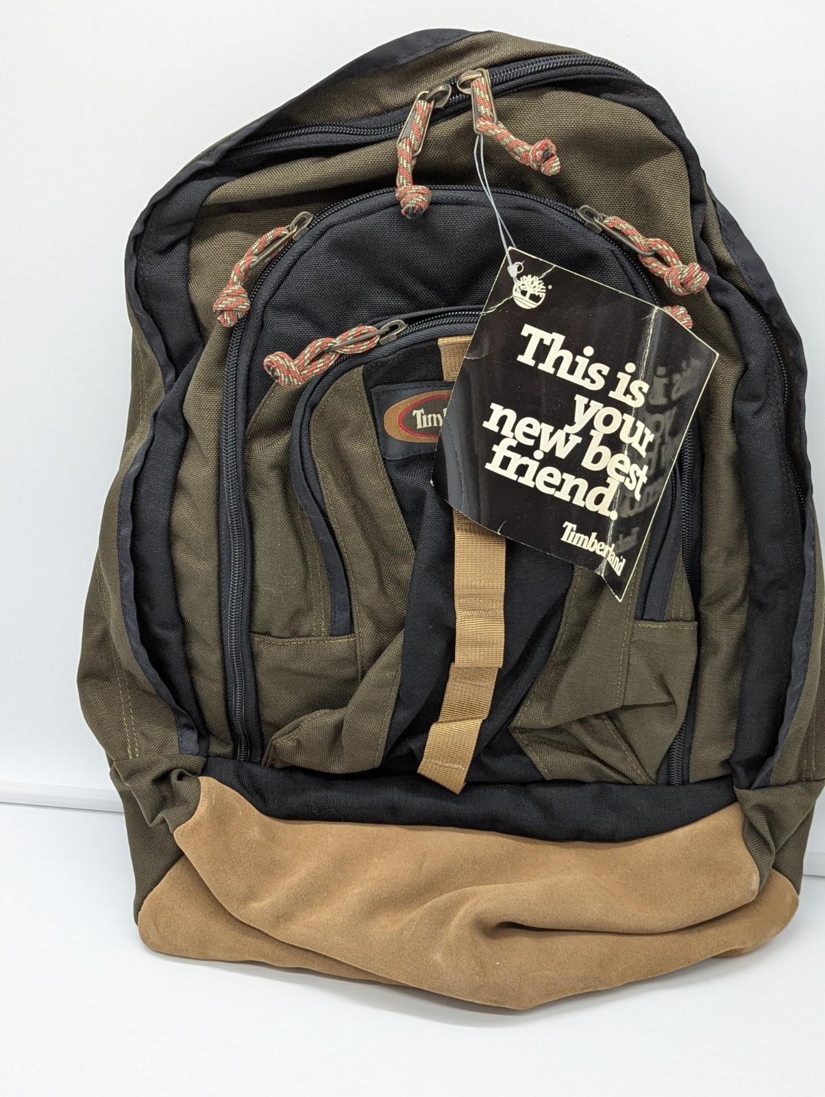 Vintage Timberland Leather Canvas Backpack School Black Brown Cotton Bowl NWT