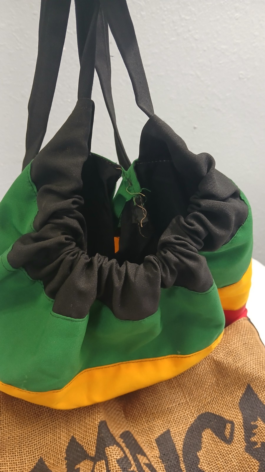 Jamaica Drawstring Backpack Unisex Multi Color Burlap Rasta Style Shoulder Bag