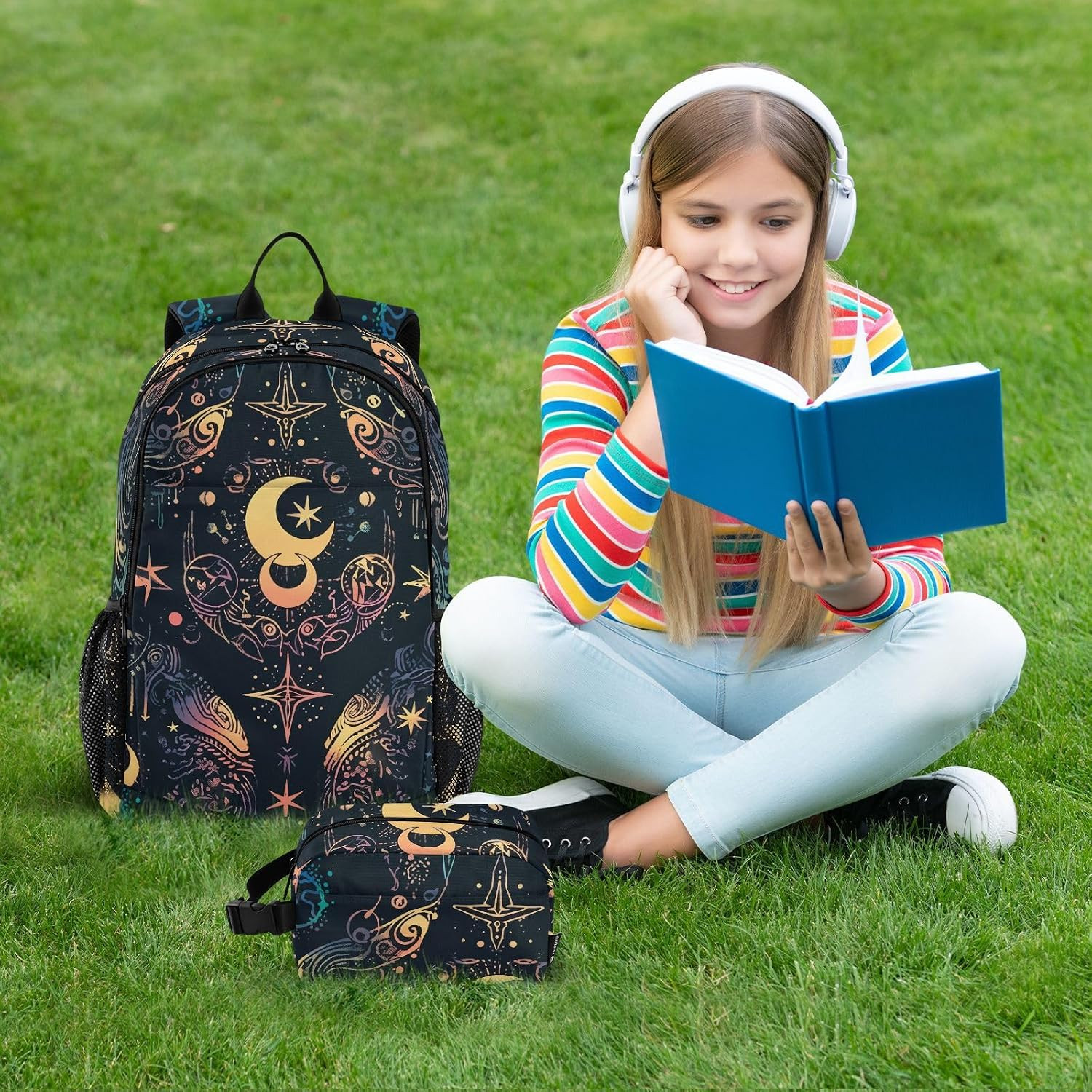 Moon Stars Alchemy Witch Backpack and Lunch Bag Set Back Pack Bookbag Cooler Cas