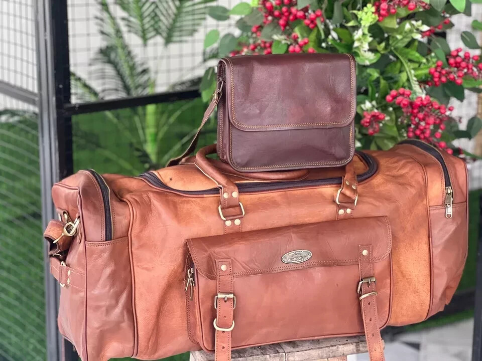 Handmade Brown Genuine Retro Goat Leather Men’s Classic Overnight Free Half Flap