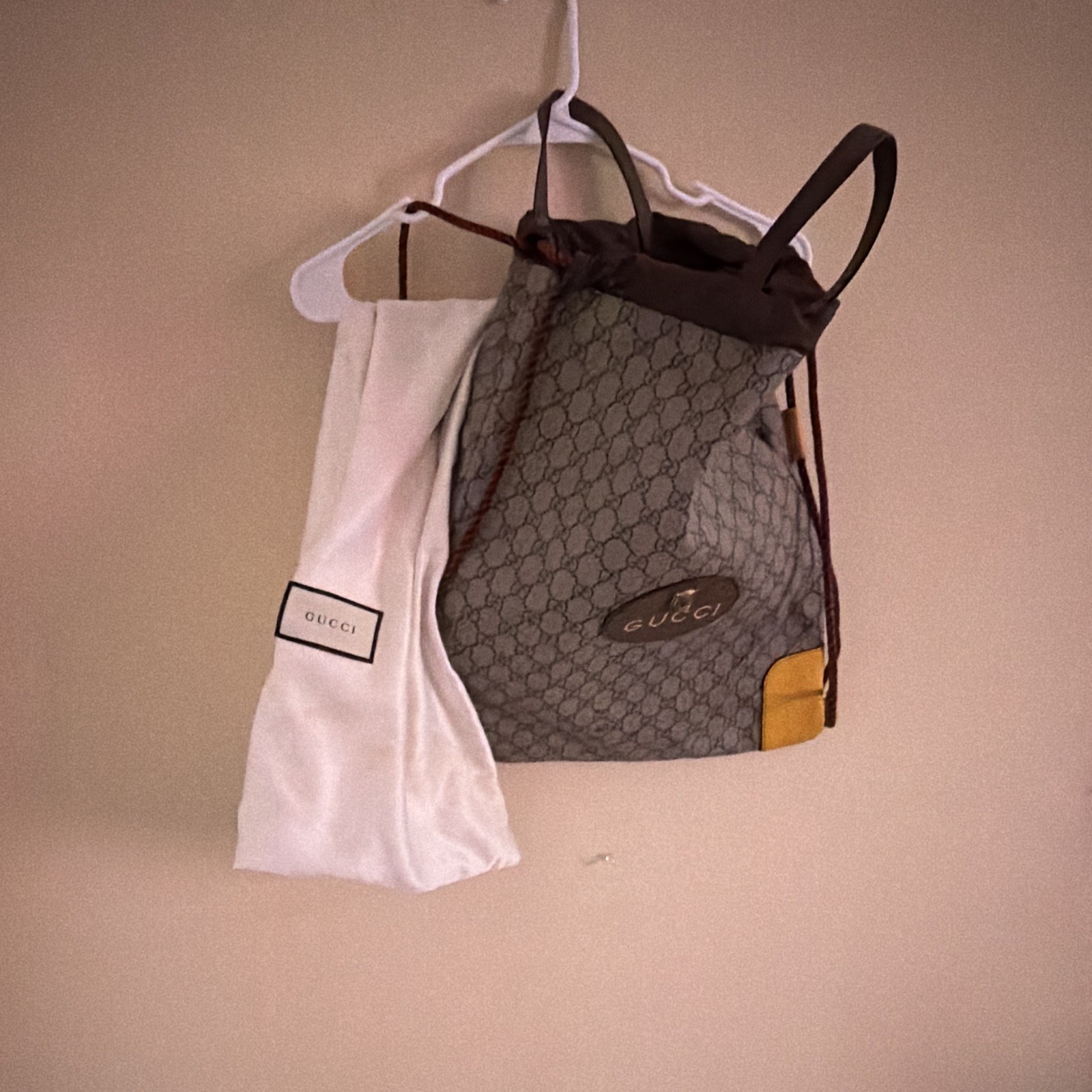 Gucci GG Pattern Drawstring Backpack Medium Beige Brown w/ Dust Bag Adjustable