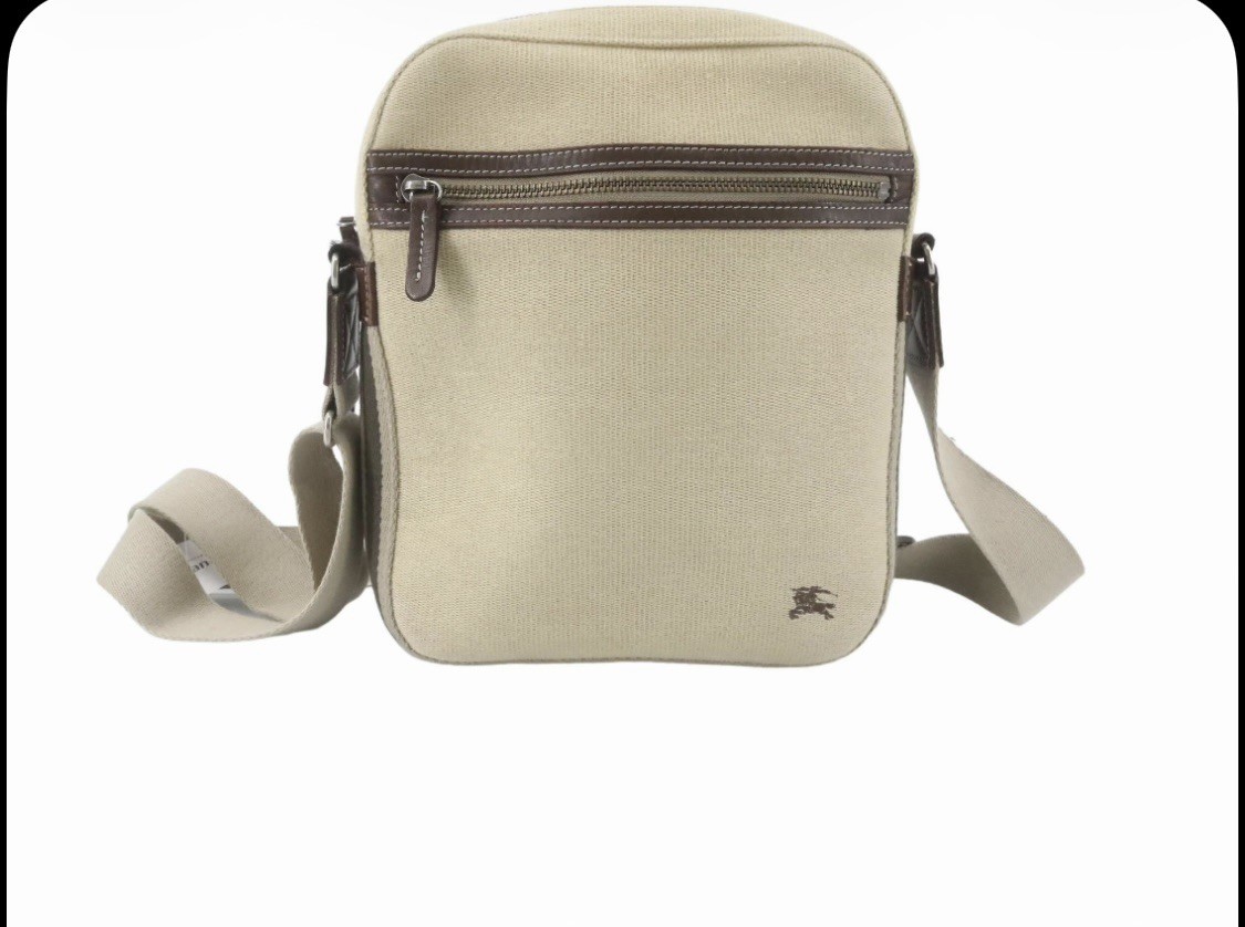 Burberry Men’s Beige Brown Striped Shoulder Bag Zip Closure Adjustable Strap