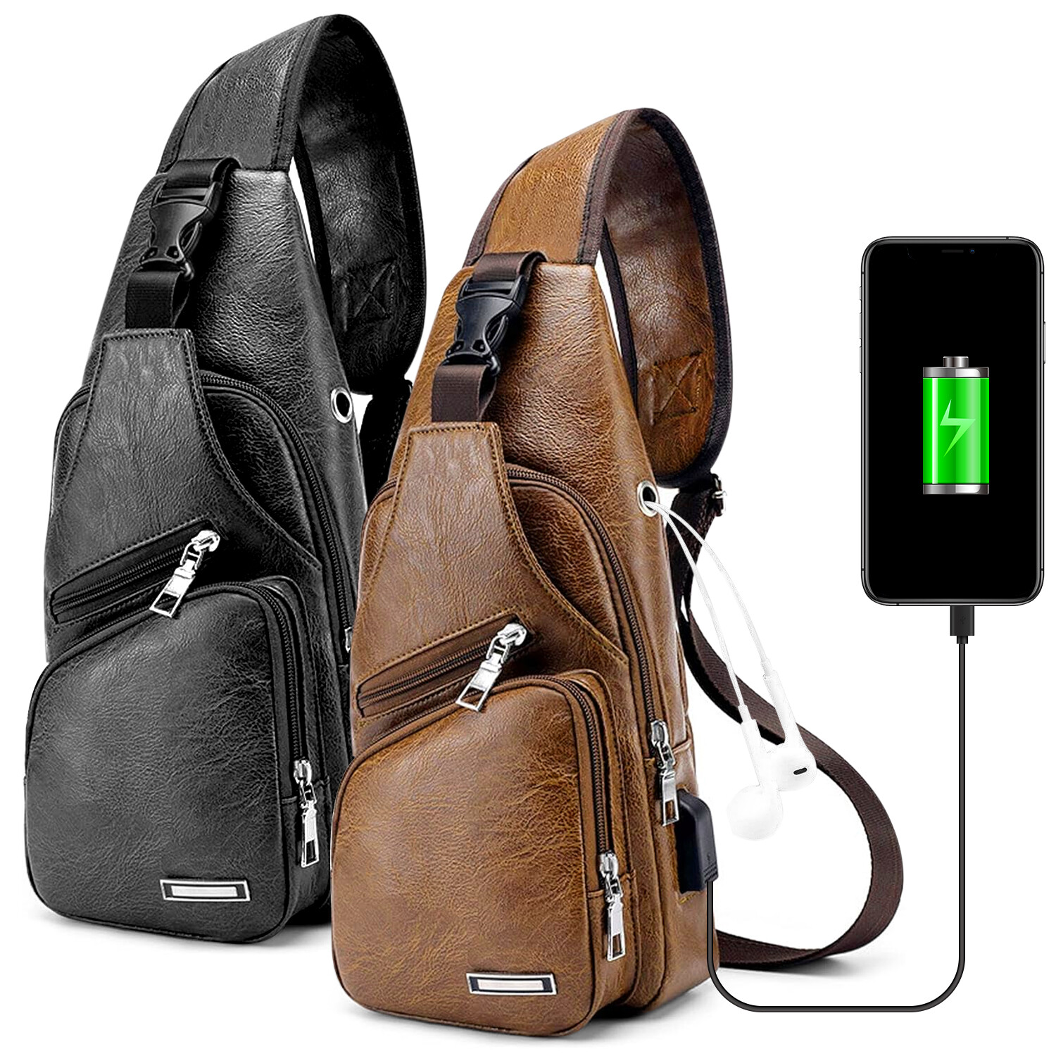Mens Backpack Leather Sling Bag Chest Shoulder Fanny Pack Crossbody W / USB Port