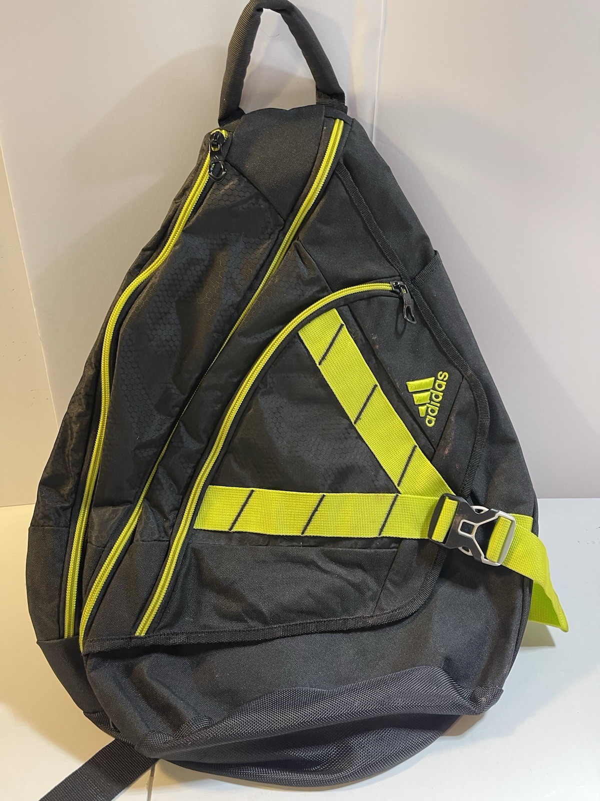 Adidas Sling Backpack Black Safety Green Crossbody 3 Pocket Shoulder Strap 16×20