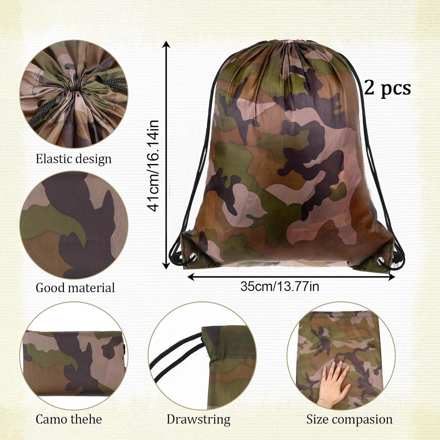 2PCS Camo Bag Drawstring Backpack Draw String Bag 13.8 × 16.5 Inch Camouflage Wa