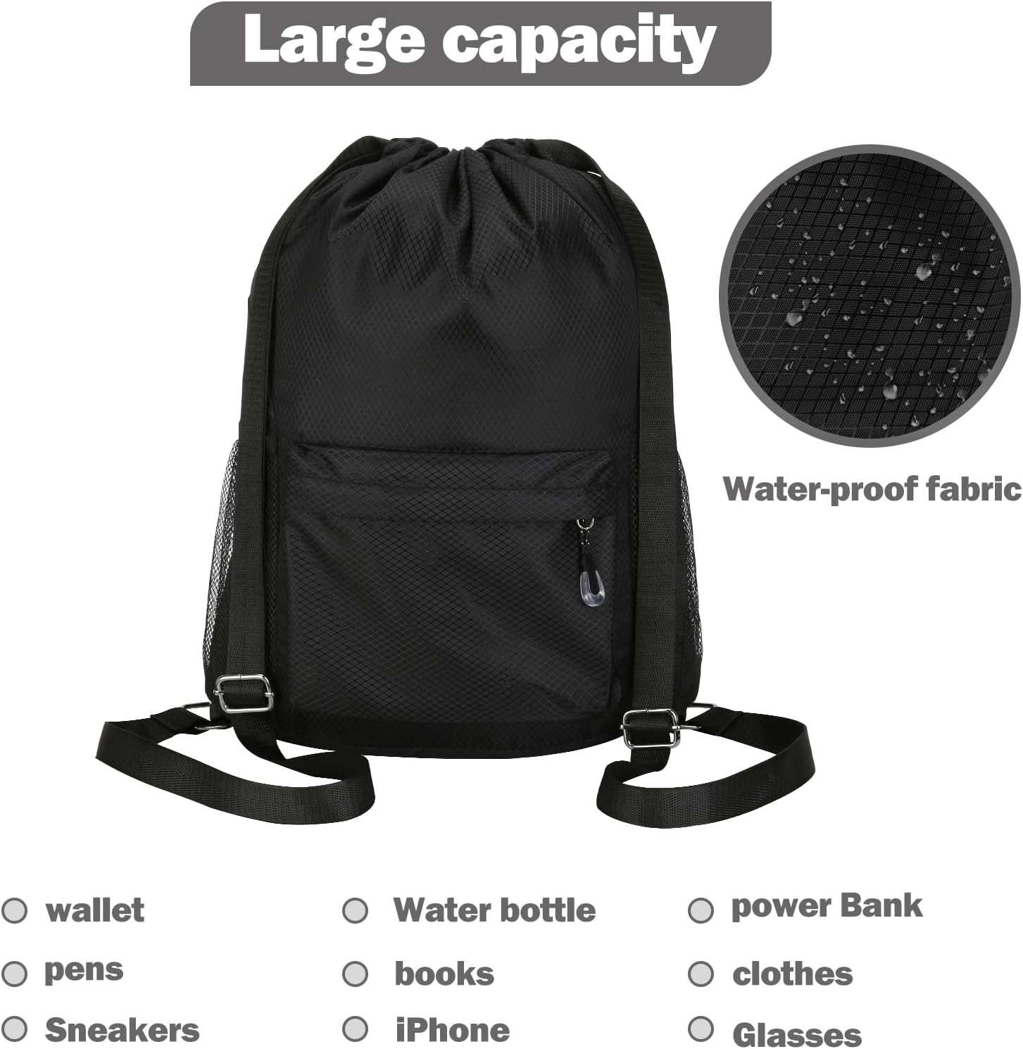 Waterproof Drawstring Bag, Lightweight String Backpack with Water Bottle Holder
