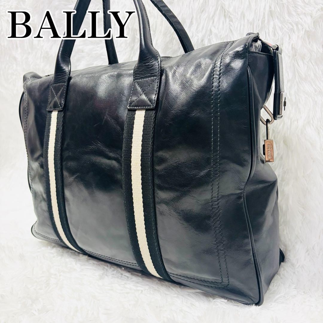 Authentic Bally Leather Business Tote Bag 29cm Black with Stripe Detailing