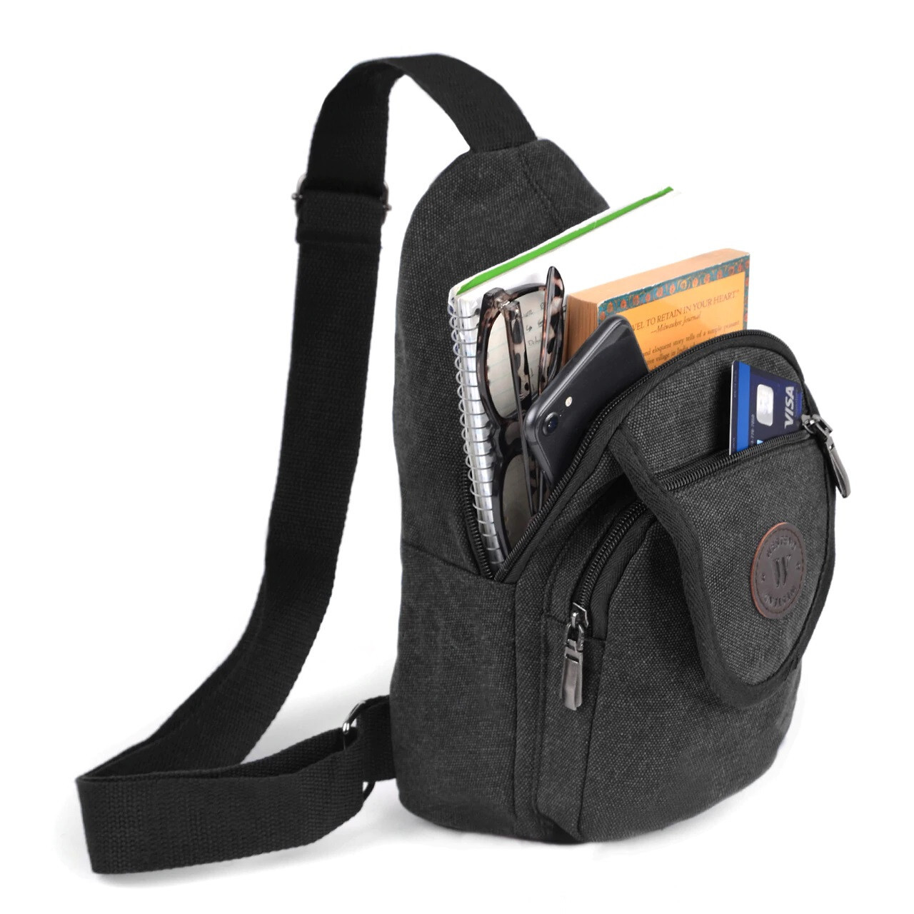 Durable Canvas Crossbody Bag With Zip Multipockets Solid Gray Adjustable Strap