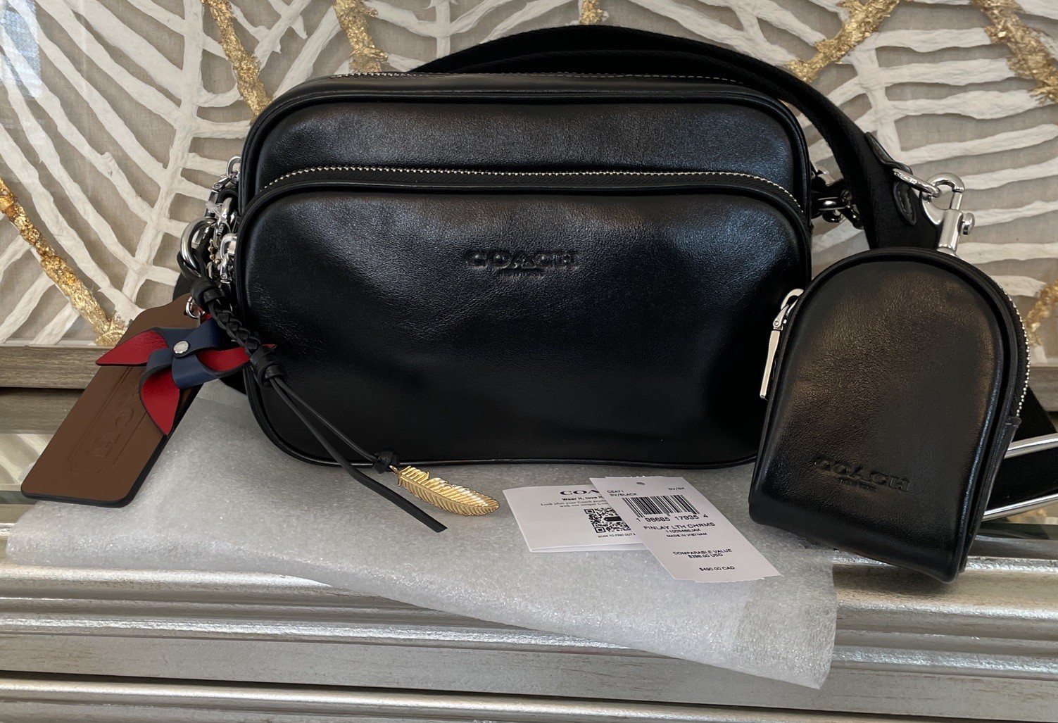 NWT Coach Finlay Crossbody Bag Charm CEA71 Silver/Black Shiny smooth leather