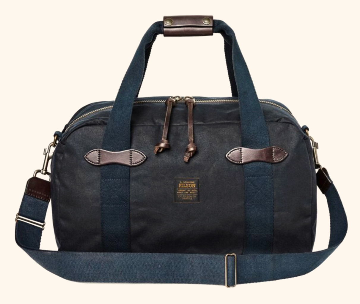 Filson Tin Cloth Duffle Bag Small Tan Navy Waxed Cotton Canvas Bridle Leather