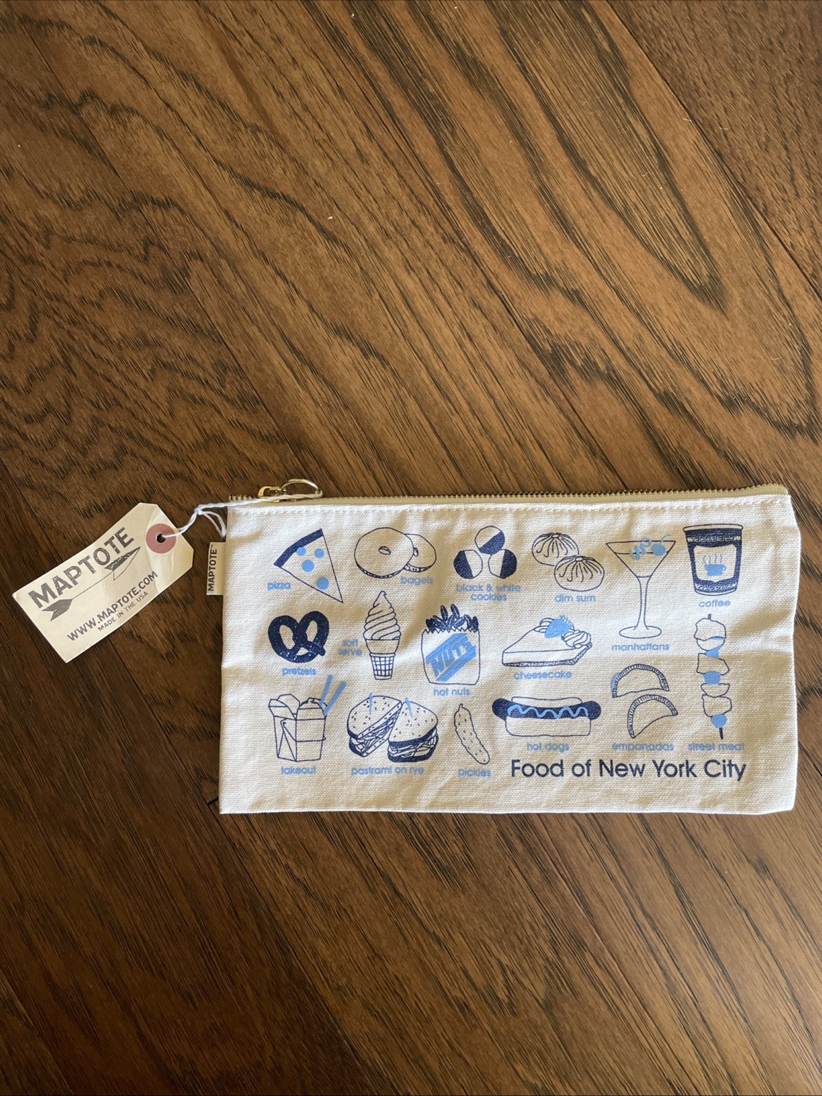 Maptote Made in USA Food Of New York City Zip Canvas Pouch Case NWT Blue White