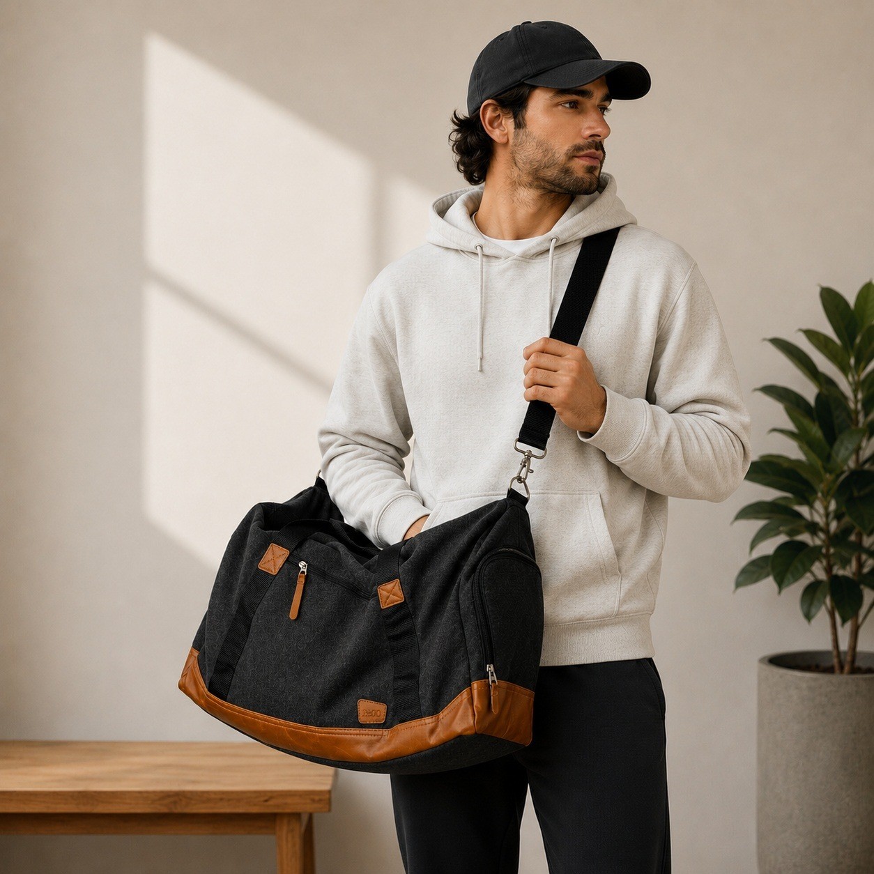 F&CO Charcoal Gray Wool Felt Duffel Bag Tan Leather Trim Weekend Travel Carry On