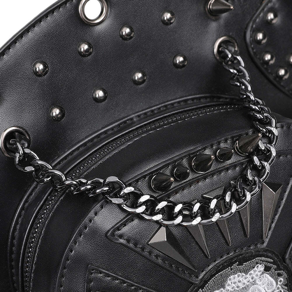 Embroidered Skull Spikes Rivets & Chains Black Leather Backpack