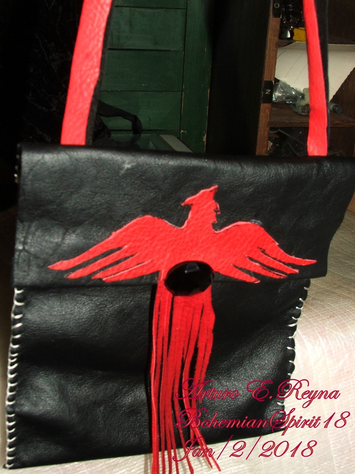 ARTURO E.REYNA TRIBAL EAGLE BLACK LEATHER HANDCRAFTED MEDICINE SHOULDER E BAG