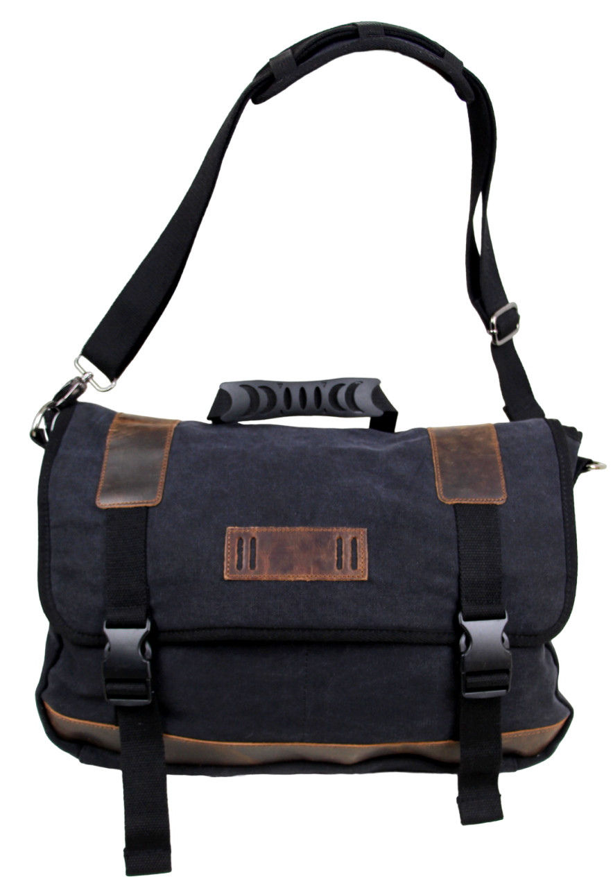Ecosusi BROWN REAL LEATHER GRAY CANVAS LAPTOP SHOULDER BAG BRIEFCASE MESSENGER