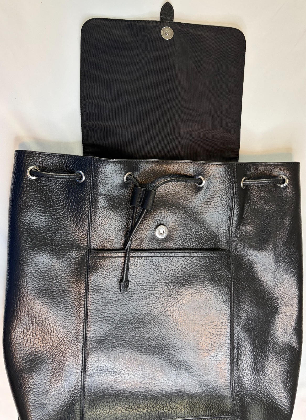 Cole Haan Black Pebbled Leather Backpack Drawstring Flap Laptop Travel Bag