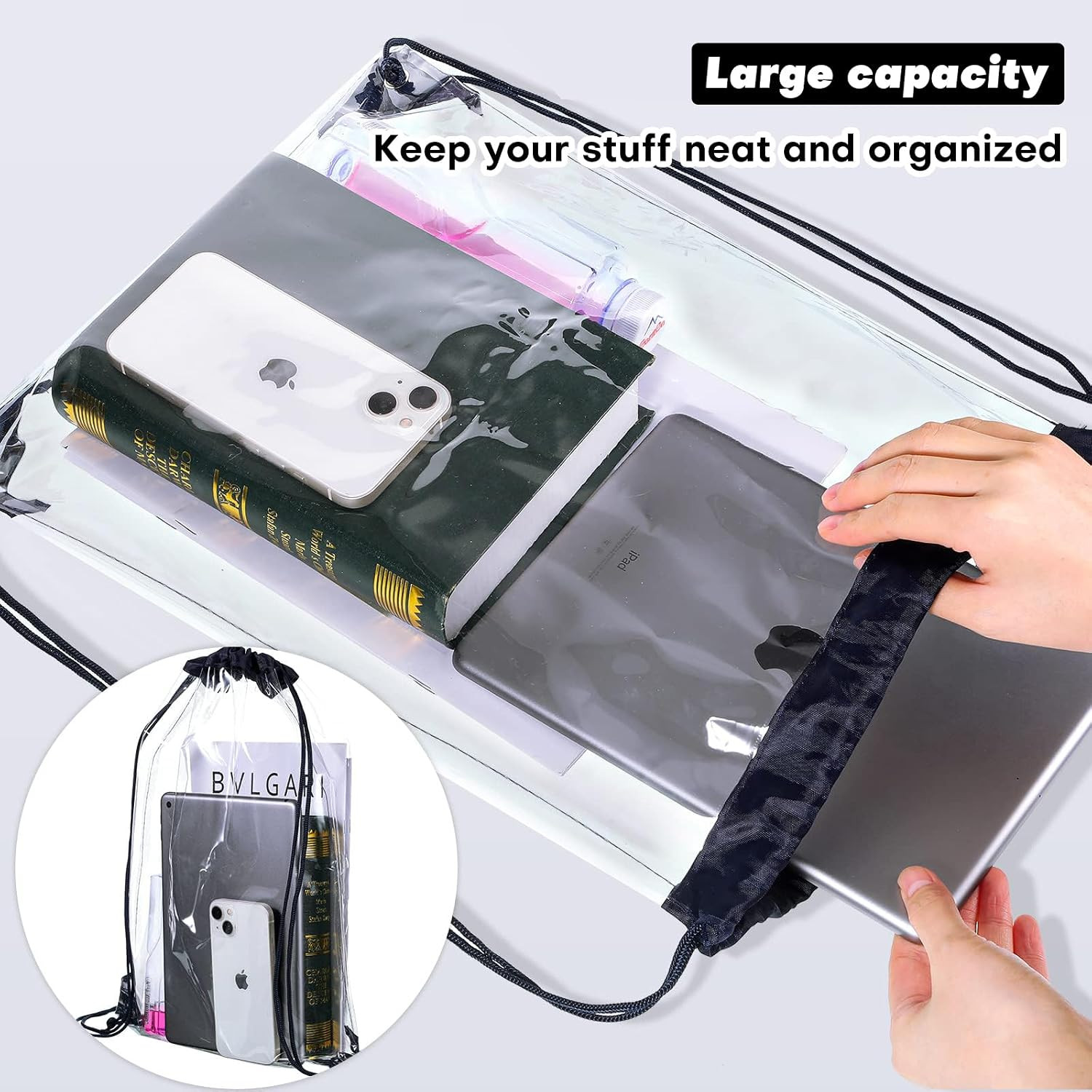3 Pack Clear Drawstring Bags – Waterproof PVC See-Through Backpack Bags for Men