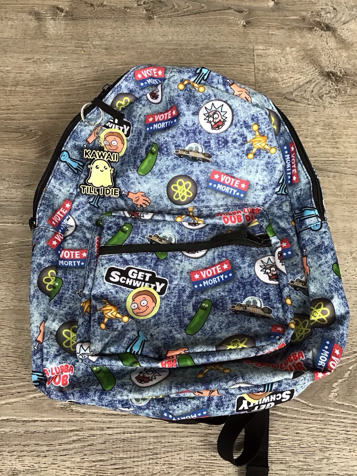 Rick and Morty Backpack Adult Swim Bioworld Spencer 2018 denim look background