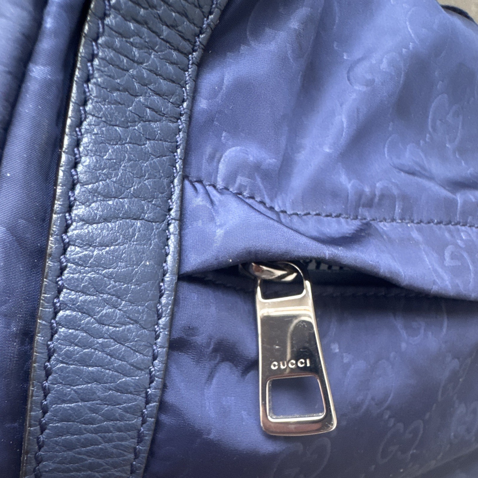 Gucci Navy Blue Monogram Backpack Adjustable Leather Strap Logo Hardware