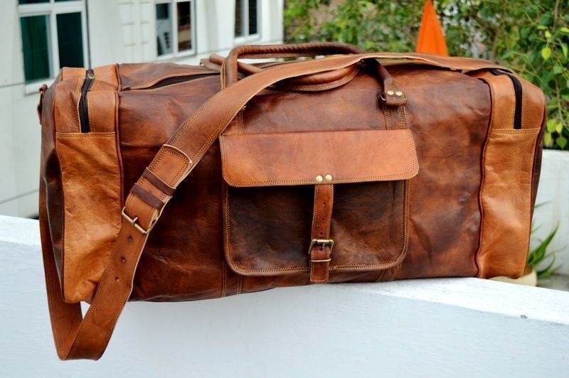 Men’s genuine Leather vintage duffle travel gym weekend AirCabin Luggage 24″bag