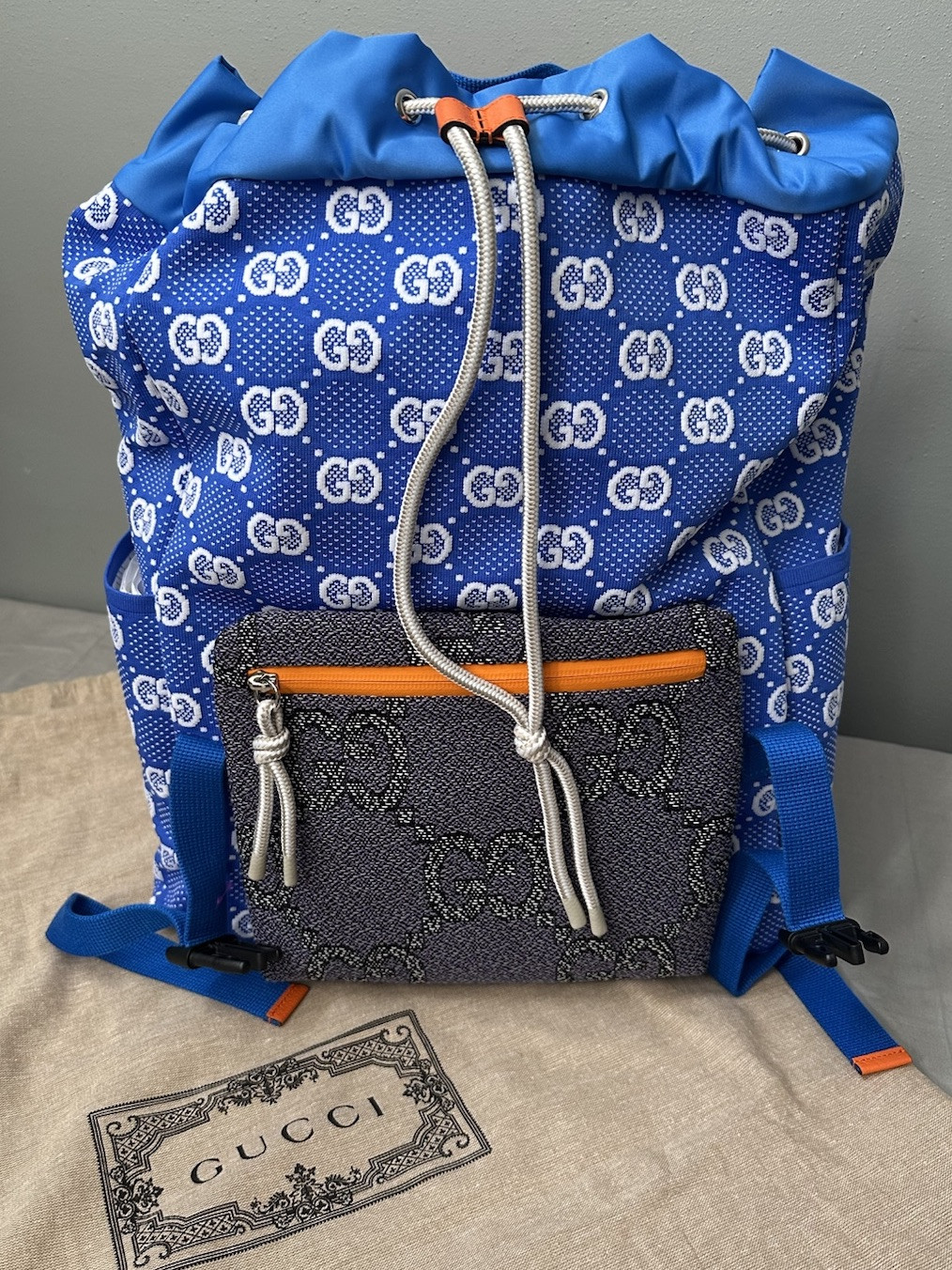 Gucci GG Allover Jersey Backpack w/ Detachable Front Panel Blue/Purple Authentic