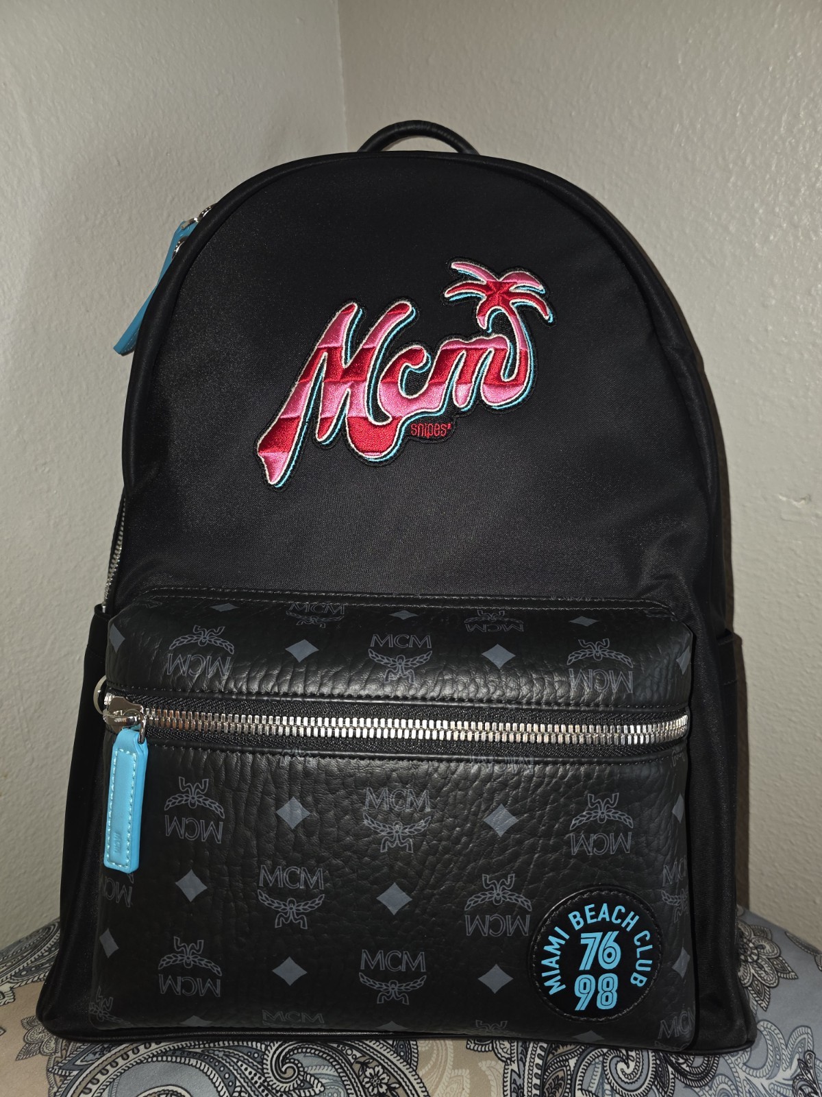 MCM Medium Stark Black Blue Red Pink Nylon Leather Backpack