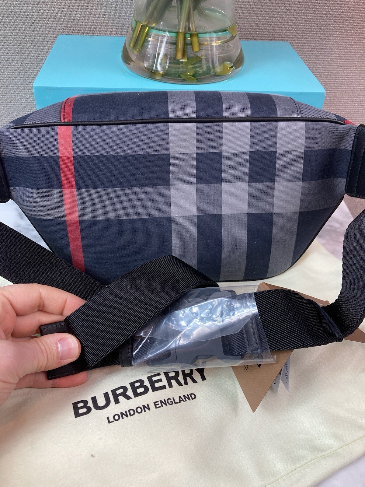 NWT Authentic Burberry Navy Grey IP Check Canvas Sonny Belt Bag – $910 Retail
