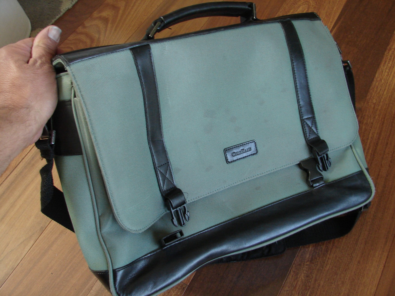 Cole Haan Nylon & Leather Briefcase Messenger Bag Green And Black