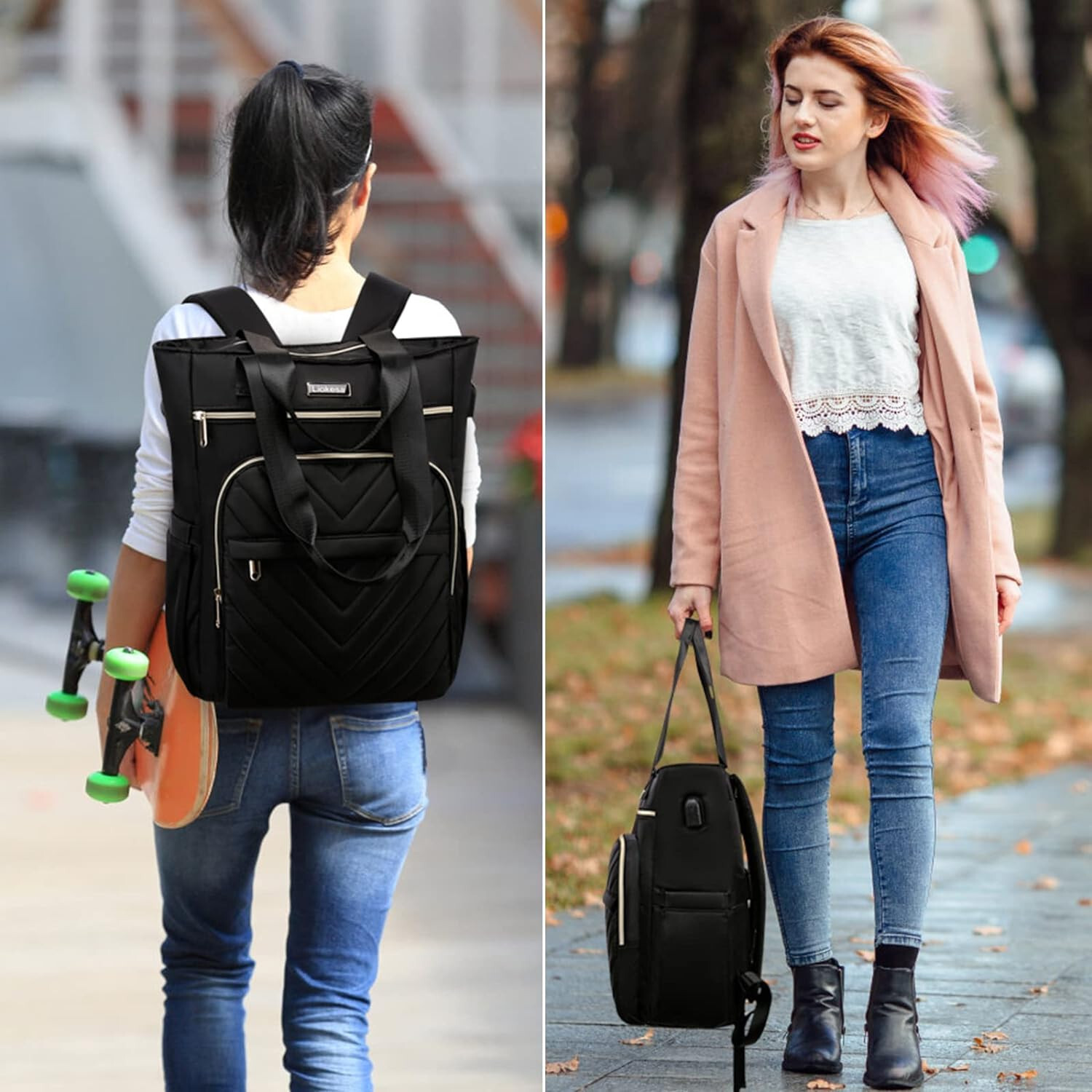 German Made Backpack Purse USB 15.6 Convertible Charging Port Euro Quilted New