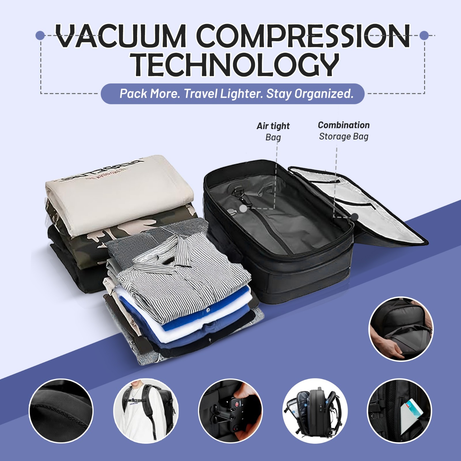 Vacuum Compression Travel Backpack – Expandable 17” Laptop Bag, Business, Hiking