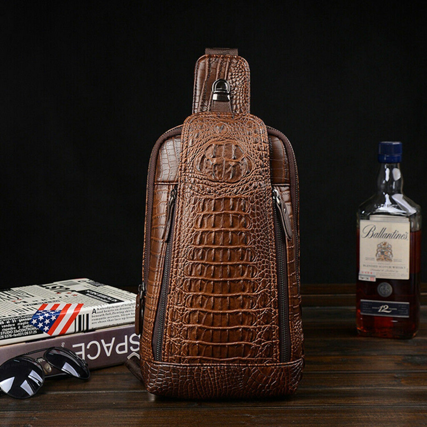 Men’s Leather Crocodile Pattern Chest Bag Sling Backpack Crossbody Travel Bag