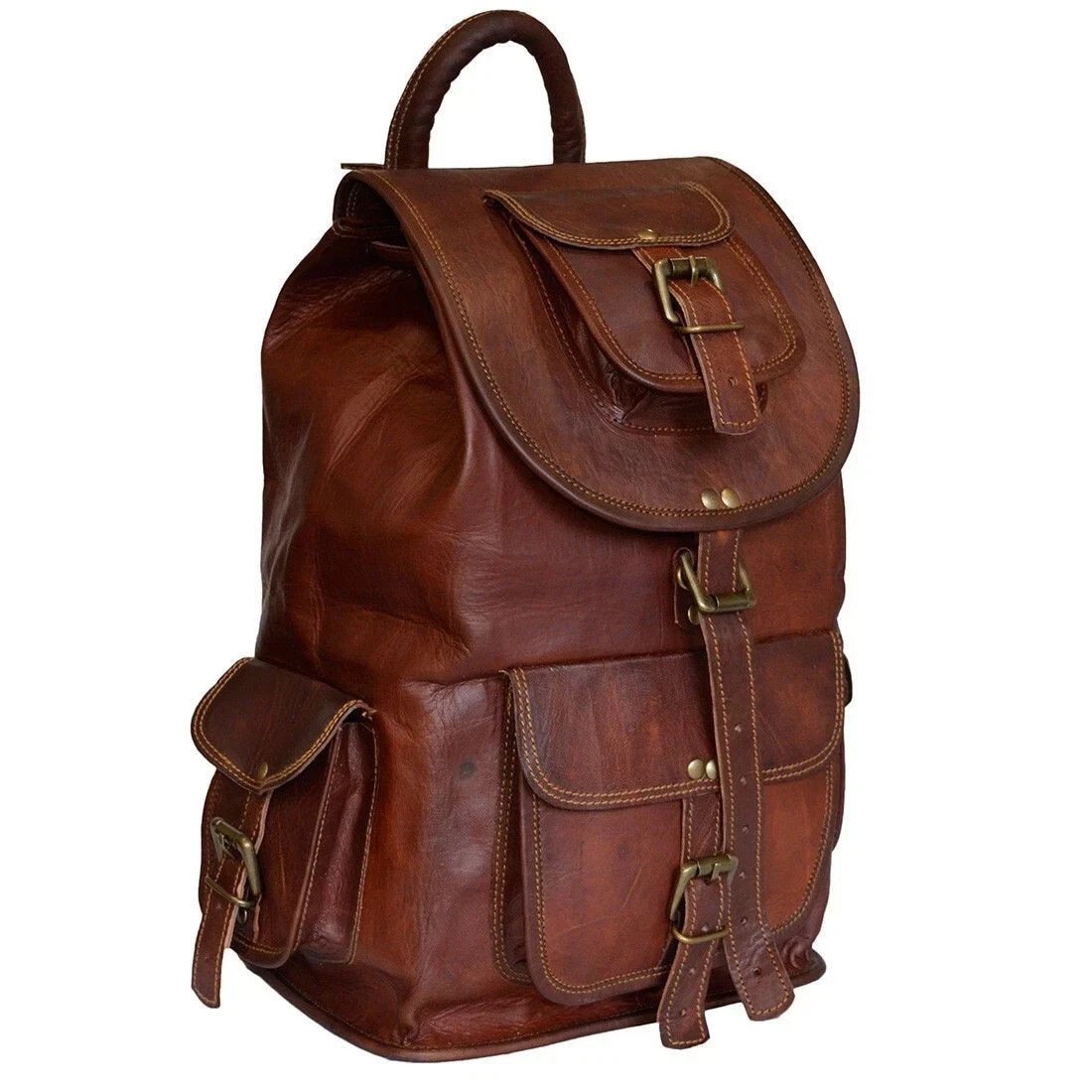 Deep Leather Bag Goat Genuine Laptop Rucksack Vintage Travel Men’s Brown Men