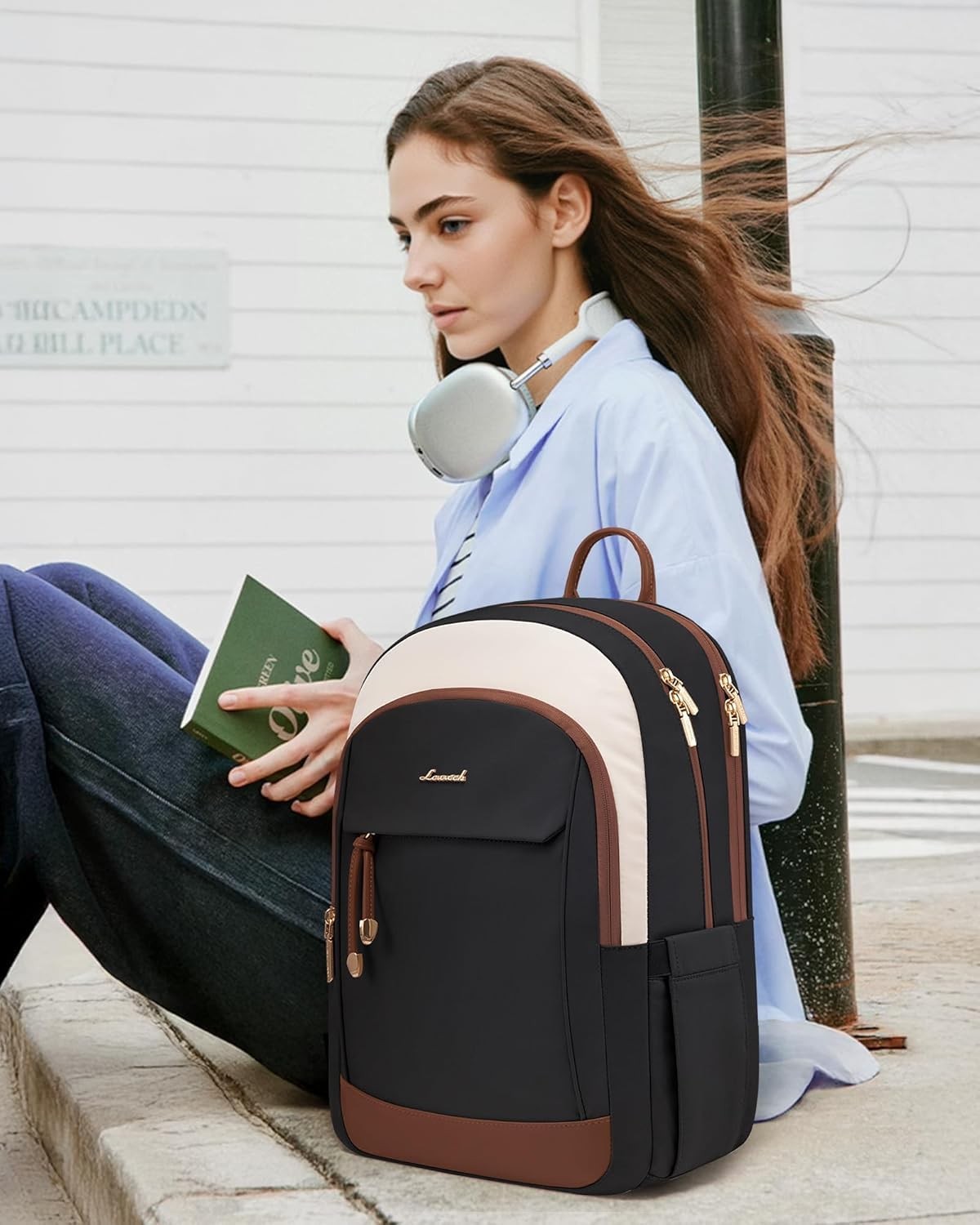 15.6 inch Waterproof Laptop Backpack for Women, Large Black Travel Daypack